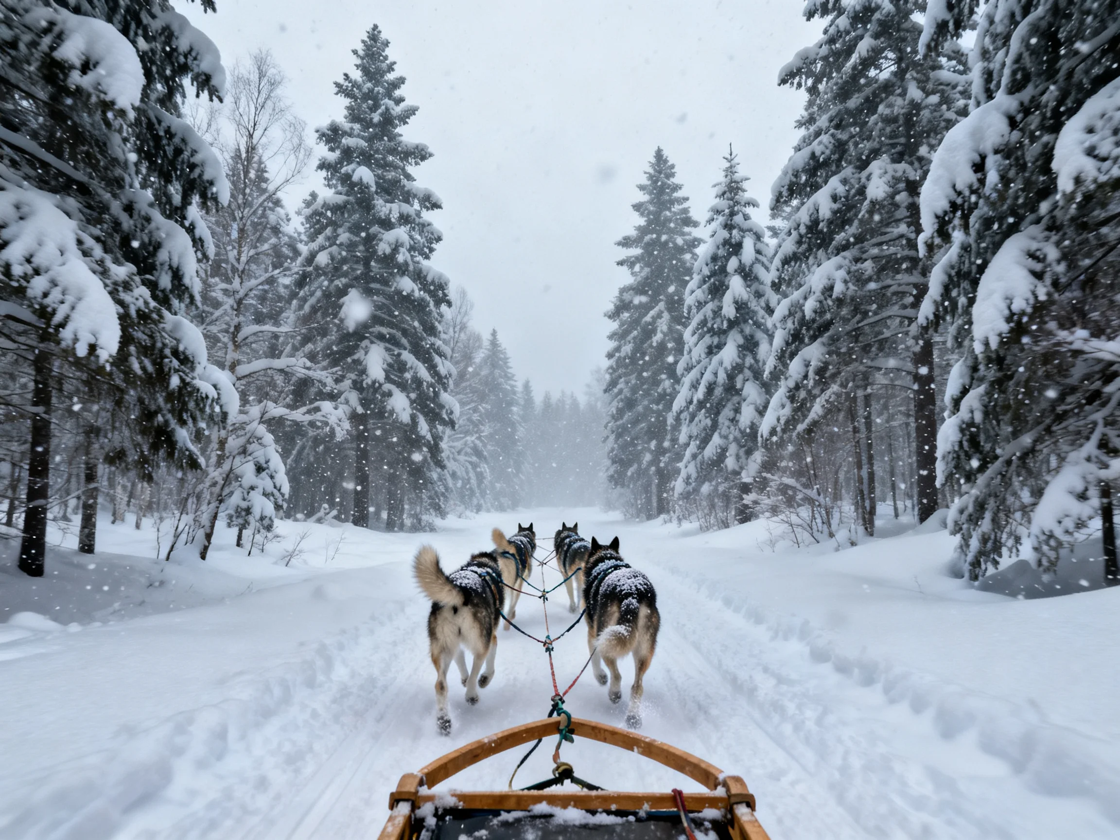 Three huskies pull a wooden sled through snow - covered pine forests