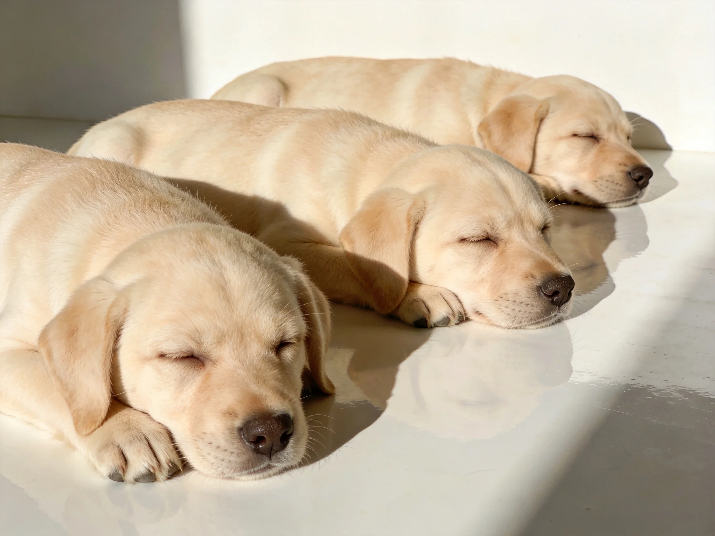 Three light-yellow puppies rest on a glossy white surface
