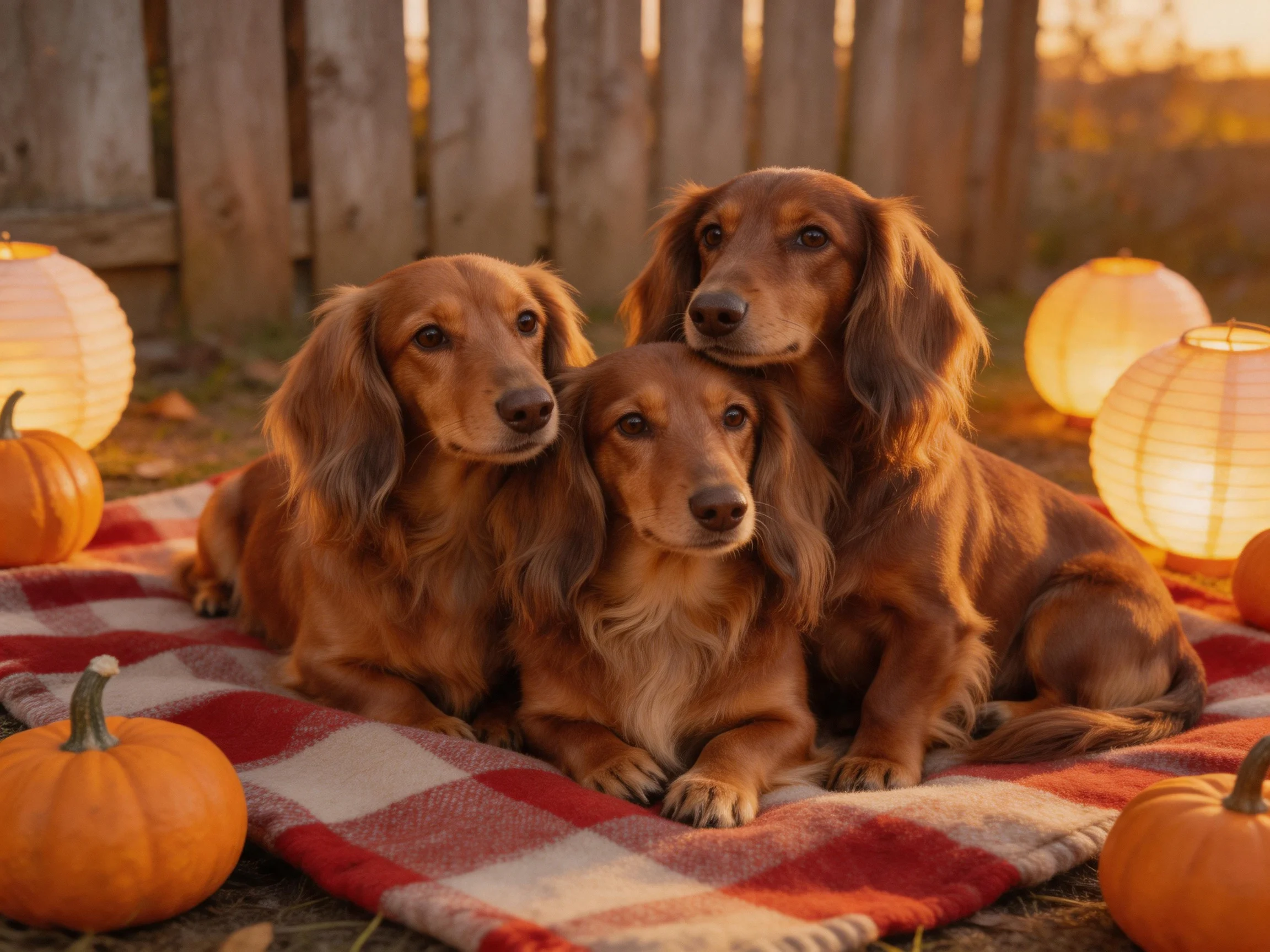 Three long-haired brown dogs rest on a checkered blanket amid pumpkins and lanterns