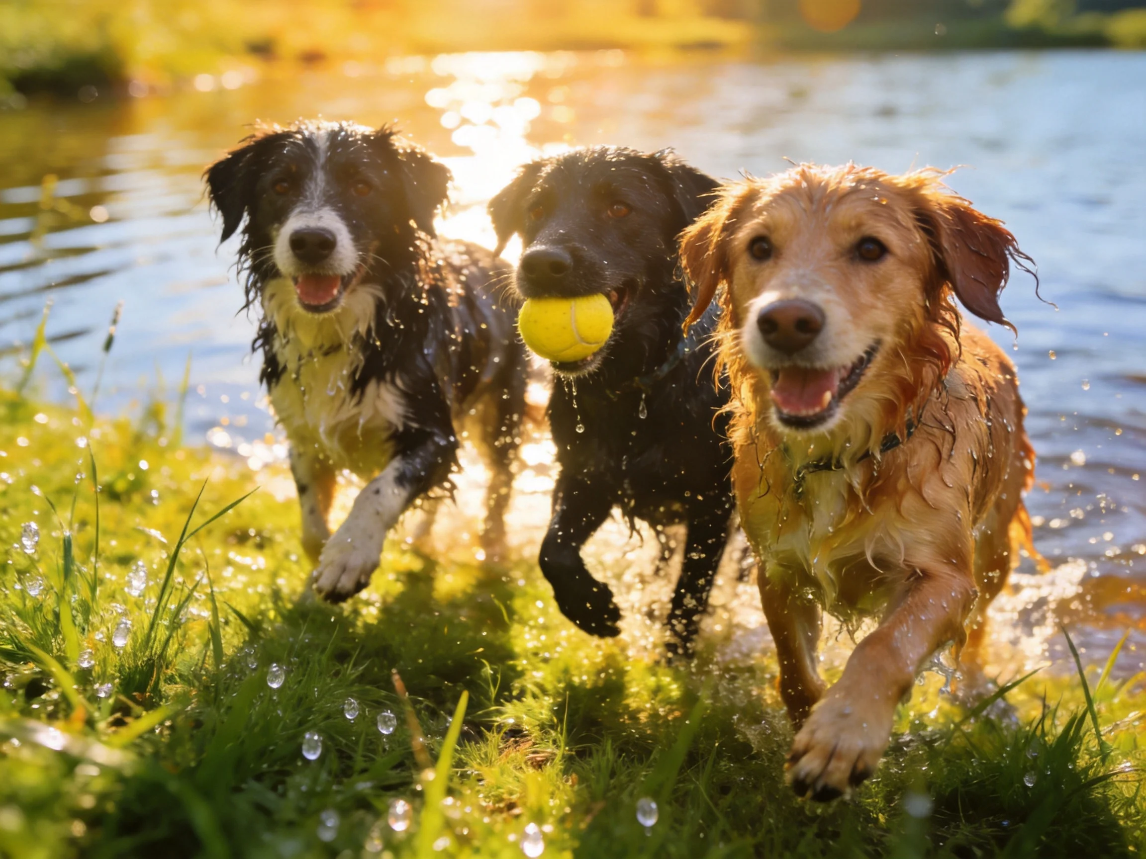Three playful dogs run through shallow water with a yellow ball