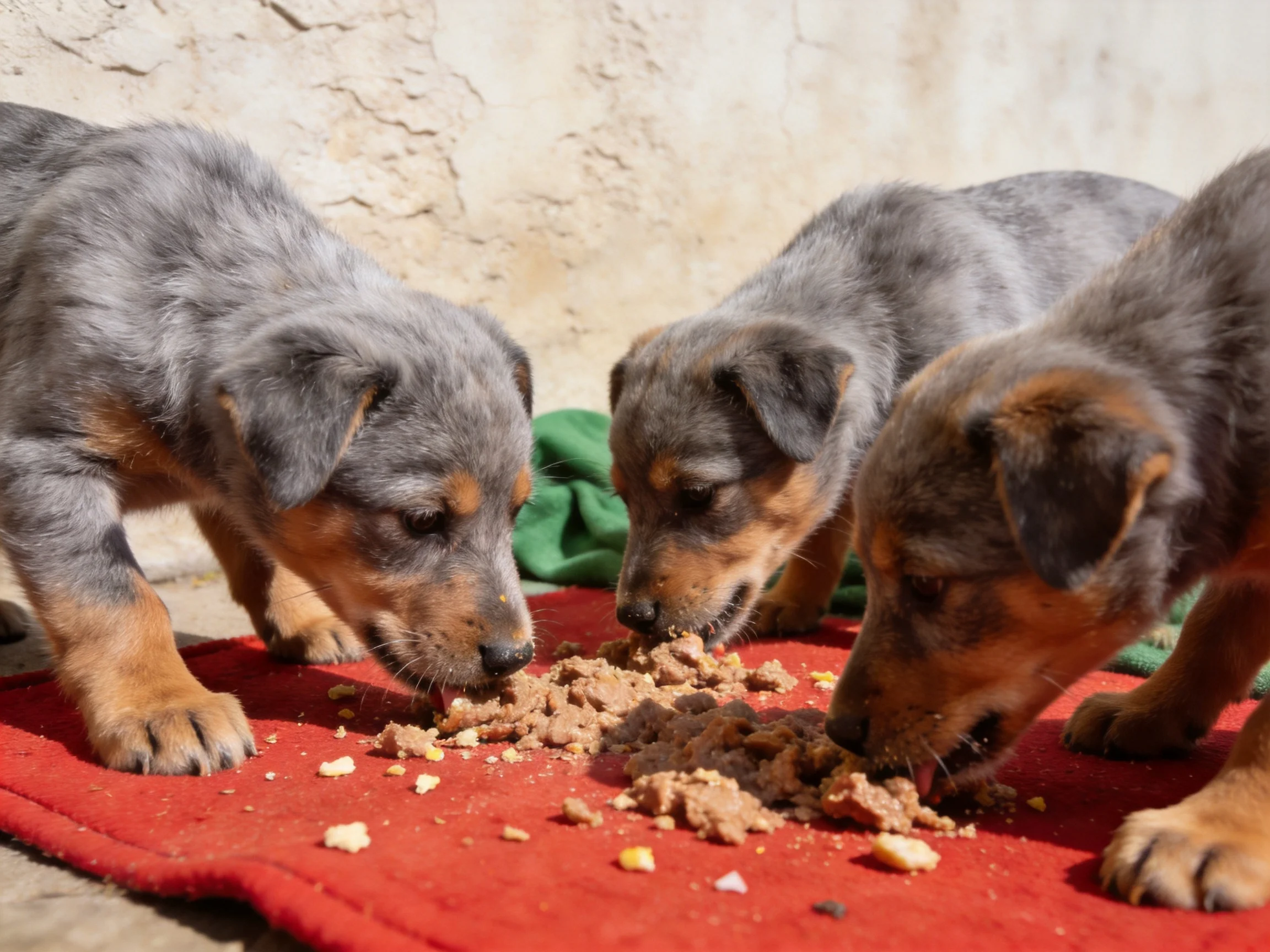 Three puppies eat from food on a red mat near a wall