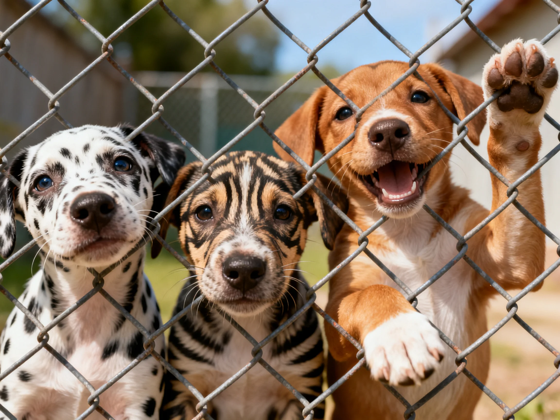 Three puppies of varied breeds peer through a silver chain - link fence