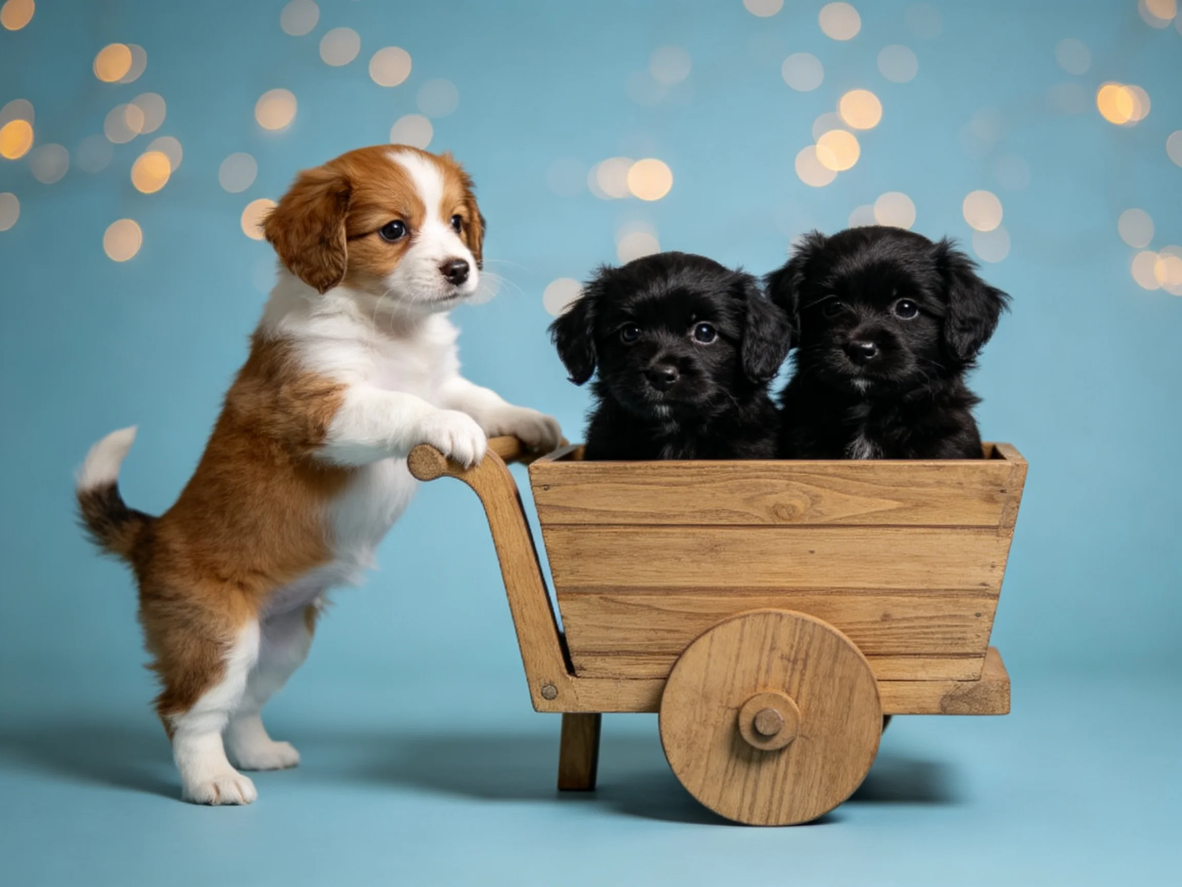Three puppies—one brown and white, two black—near a small wooden cart on a blue backdrop