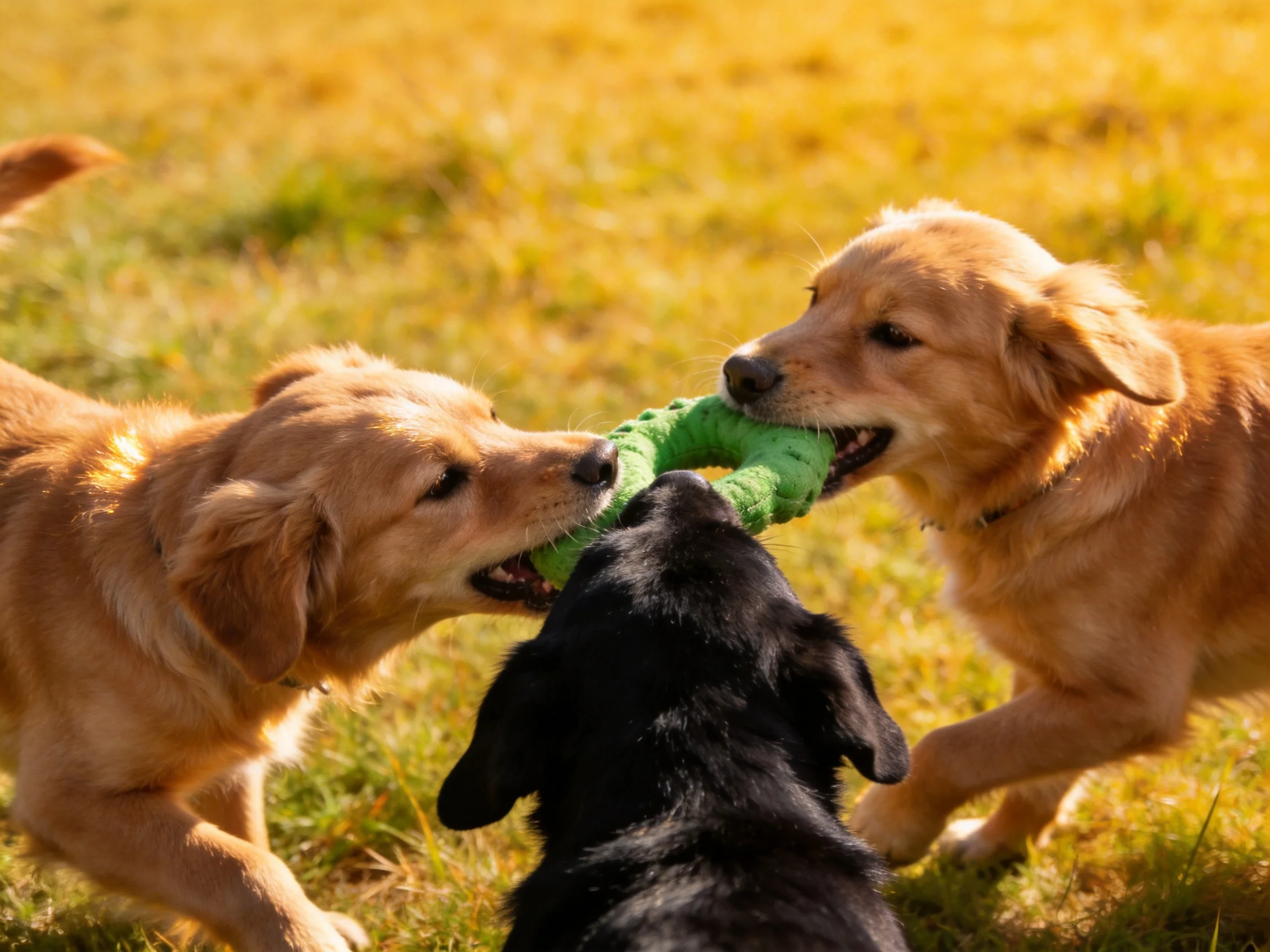 Three puppies tugging a green toy in a sunlit grassy field