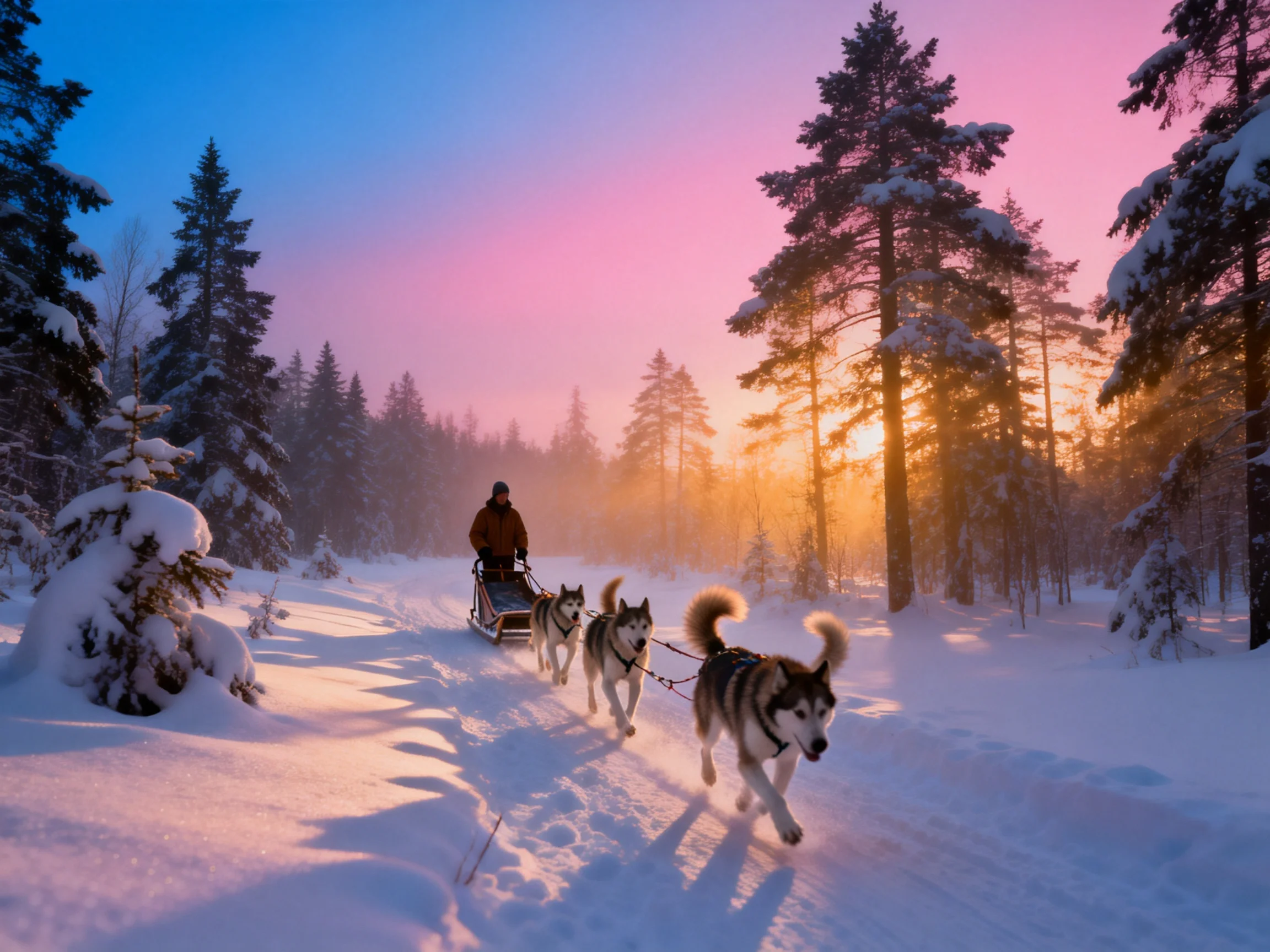 Three sled dogs pull a sled through a snowy forest at sunset