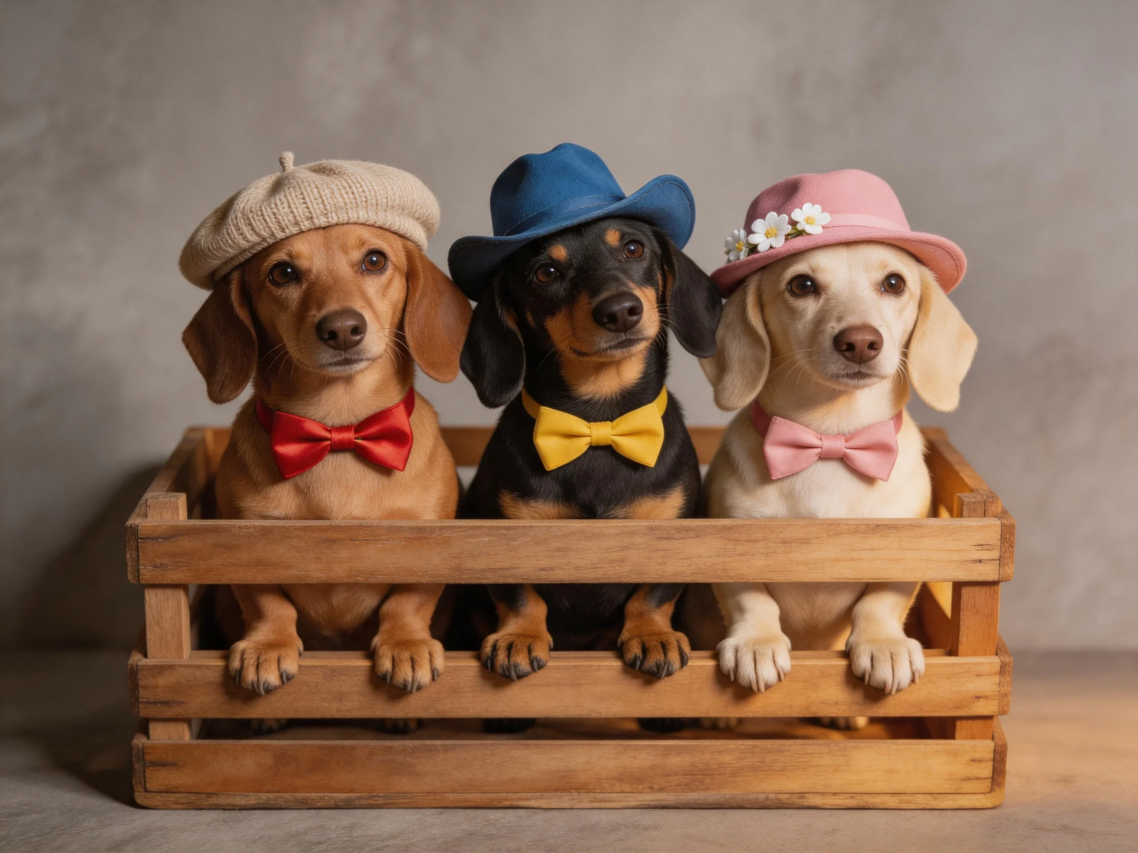 Three small dogs wearing colorful hats sit in a wooden crate