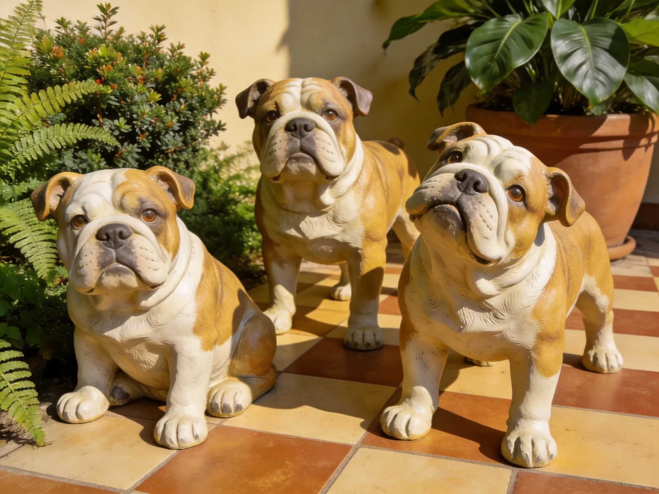 Three bulldog statues rest on a checkered patio amid greenery.