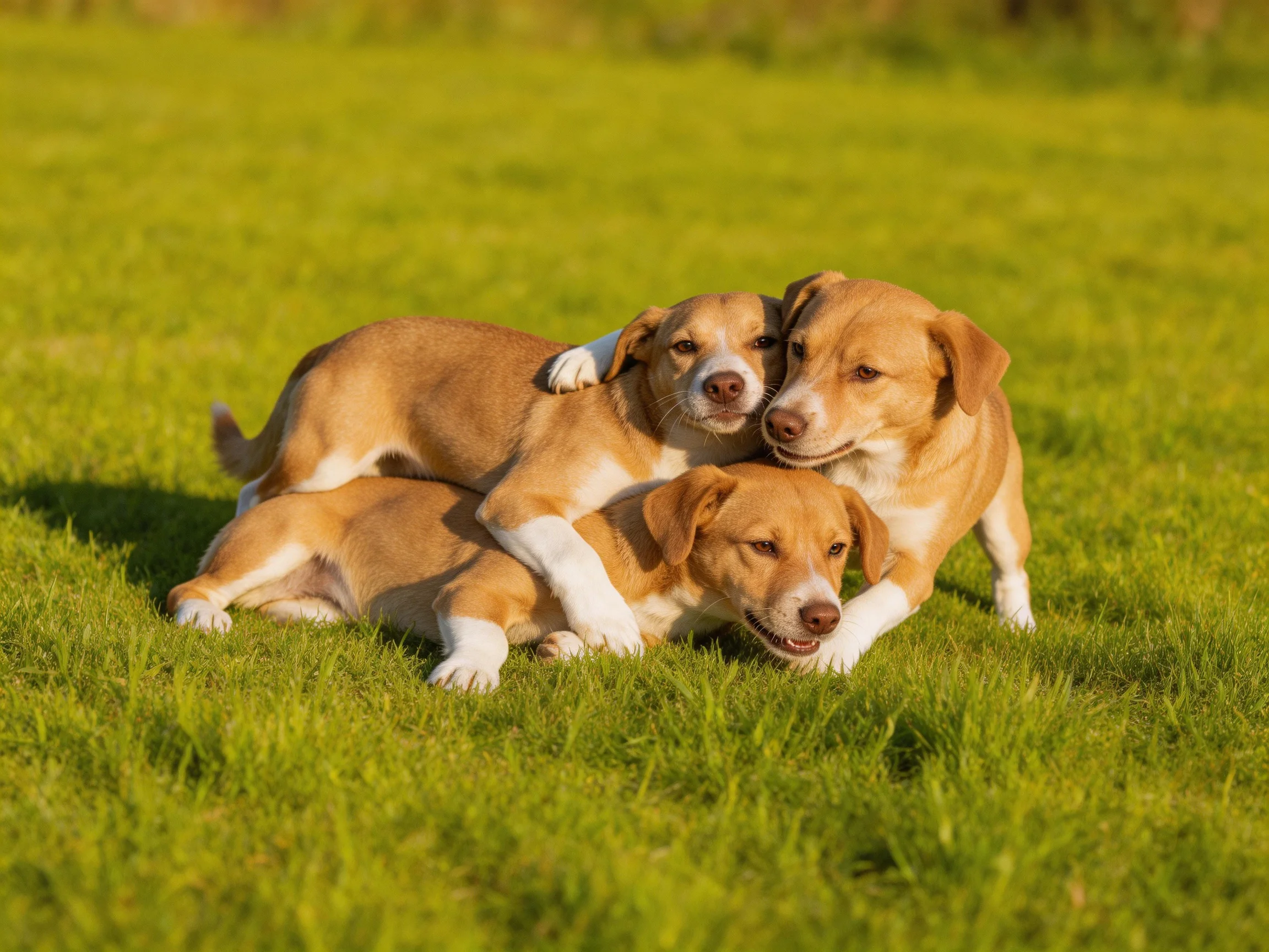 Three tan and white puppies nuzzle together on lush green grass