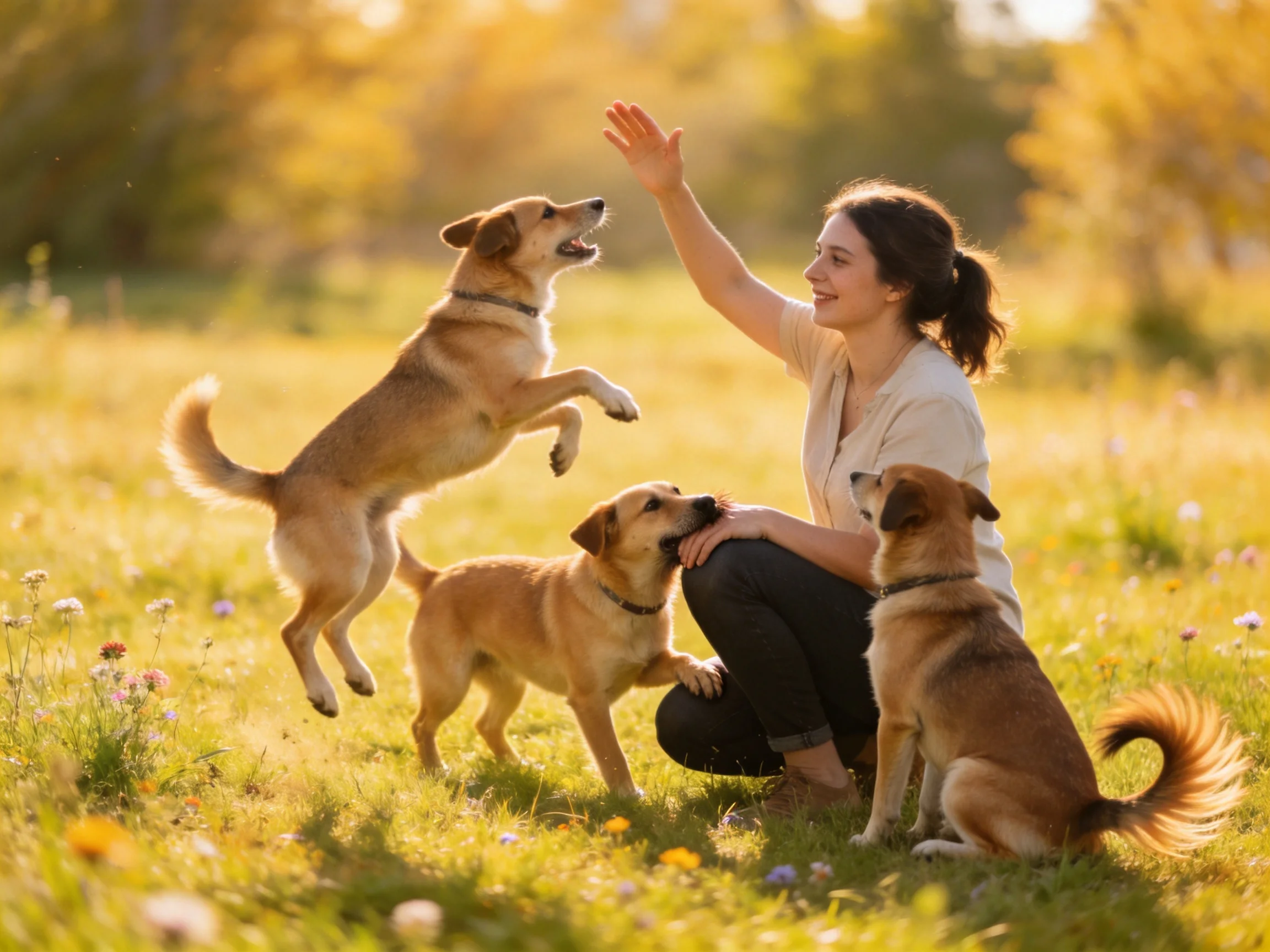 Three tan dogs interact with a woman in a sunlit meadow