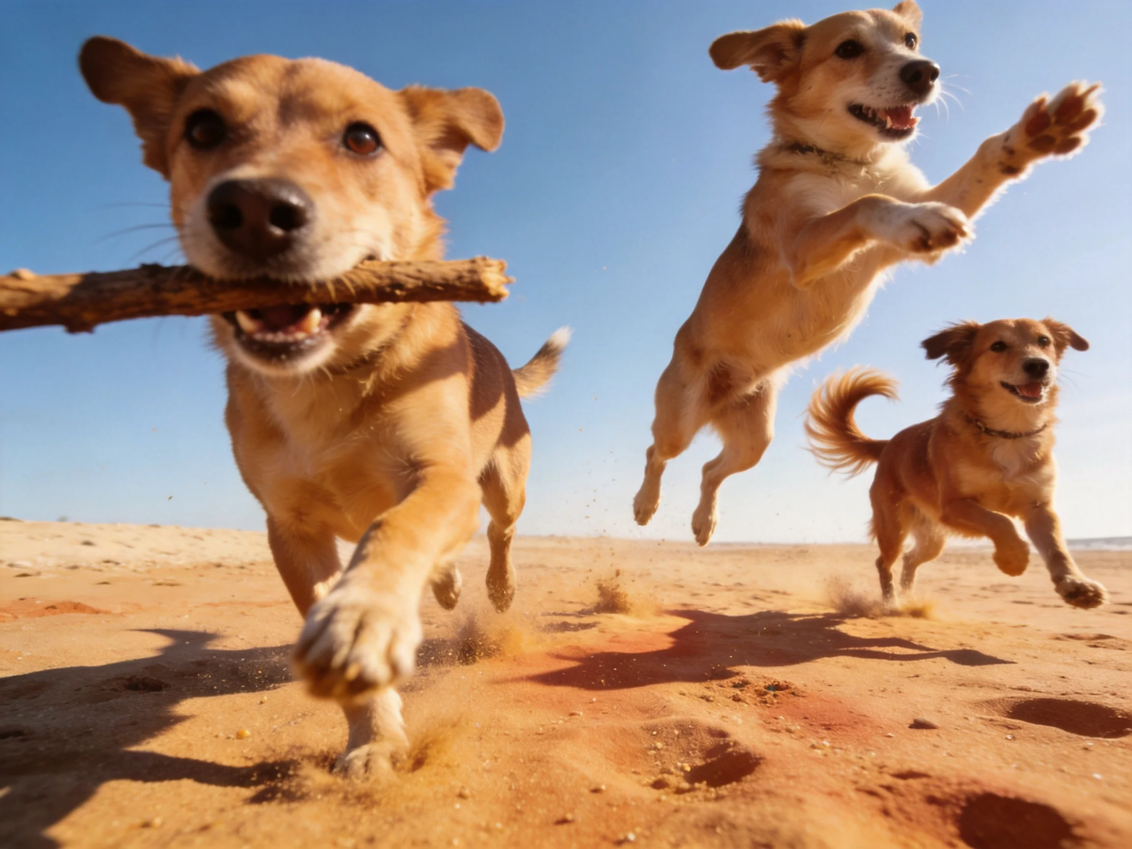 Three tan dogs joyfully run with a stick on a sunny sandy terrain