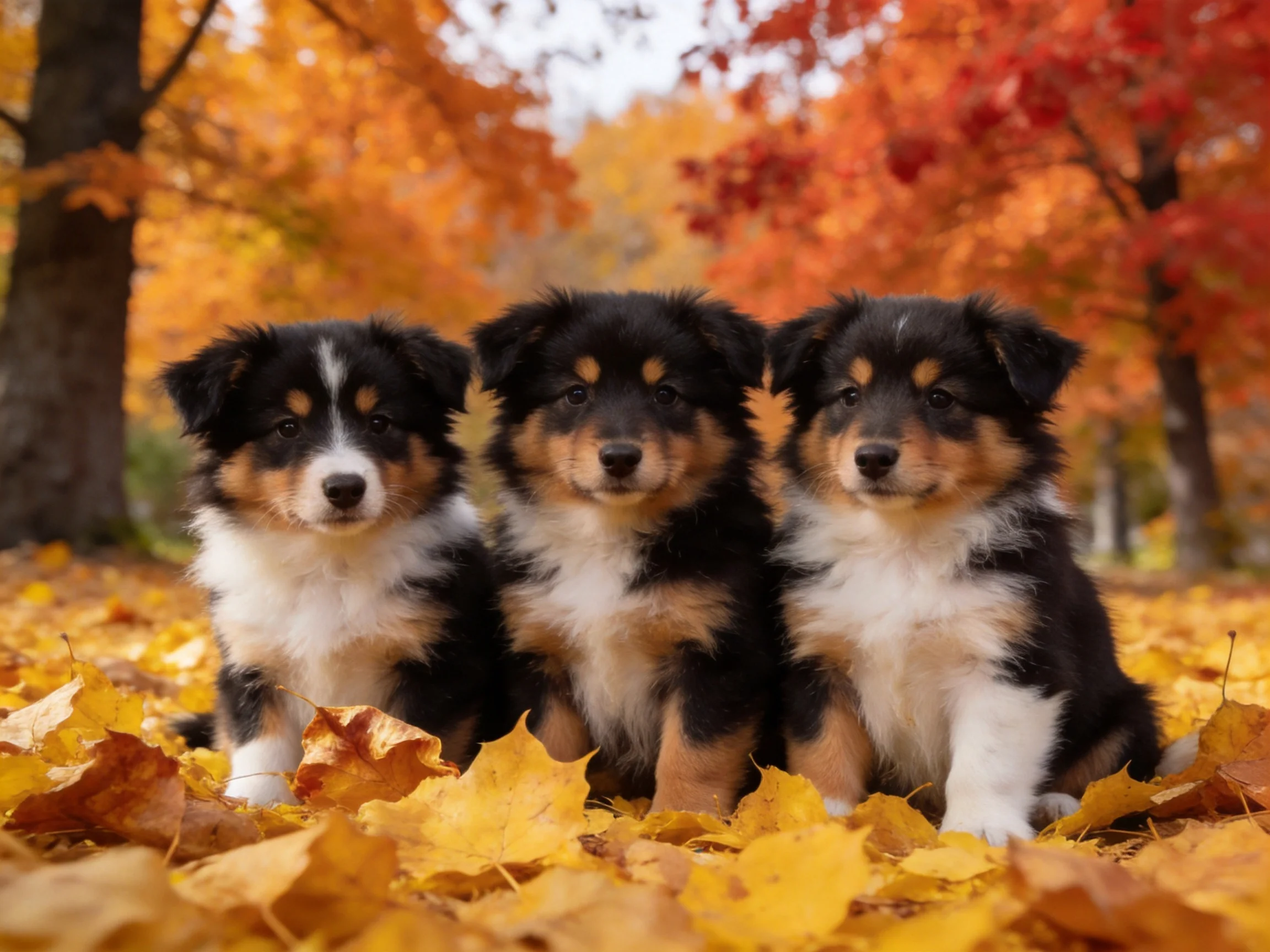 Three tricolor puppies sit among golden autumn leaves in a vibrant fall forest
