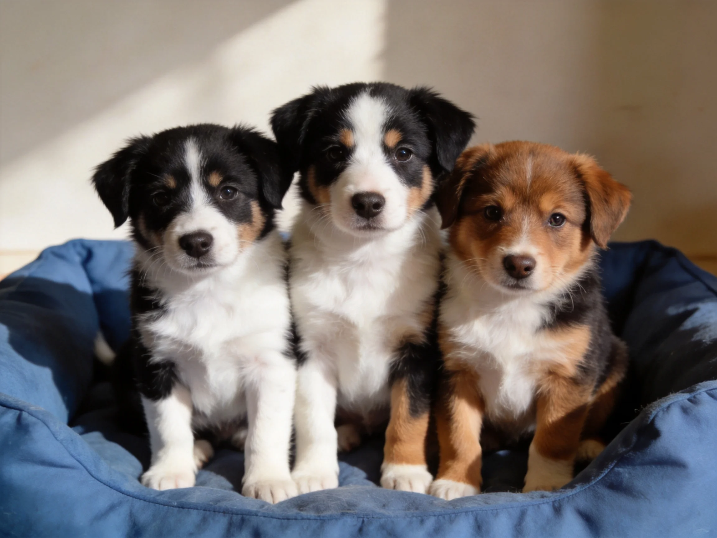 Three tricolor puppies sit together in a blue pet bed