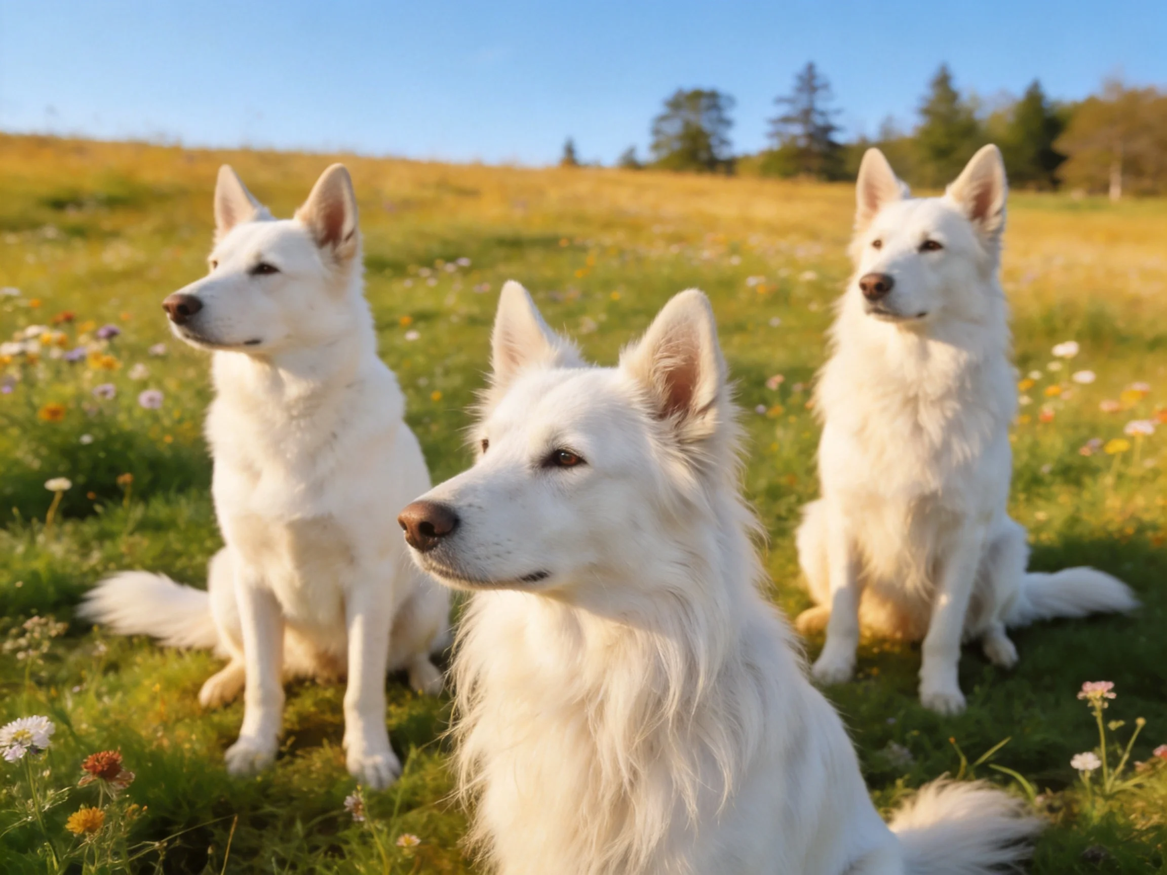 Three white dogs sit in a sunlit meadow with flowers.