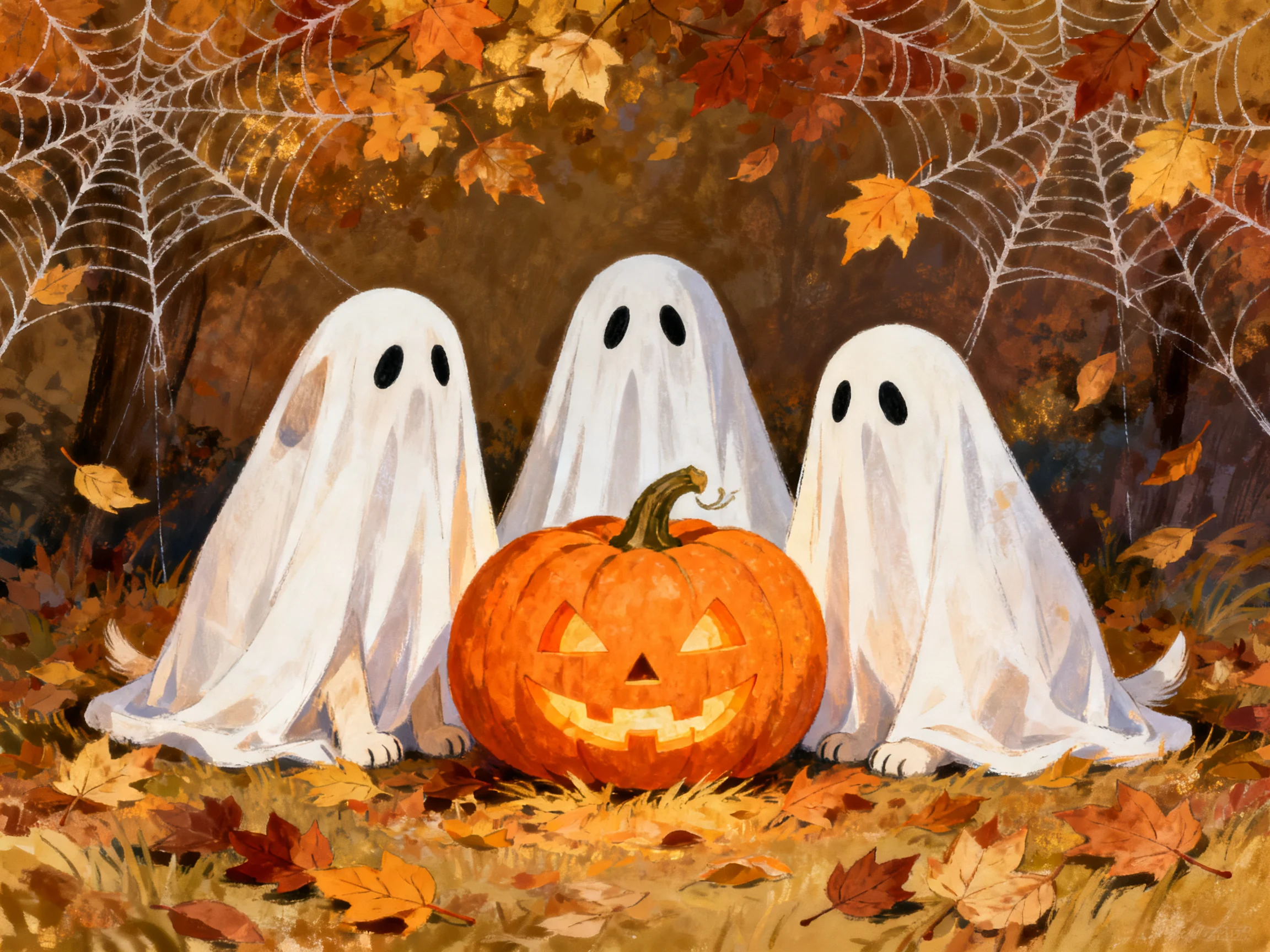 Three white ghost figures gather around a carved jack-o-lantern amid autumn foliage