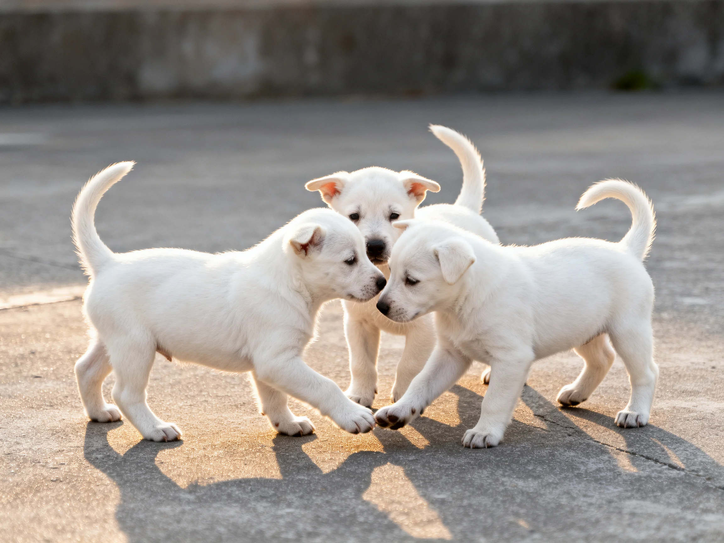 Three white puppies play together on a smooth concrete surface