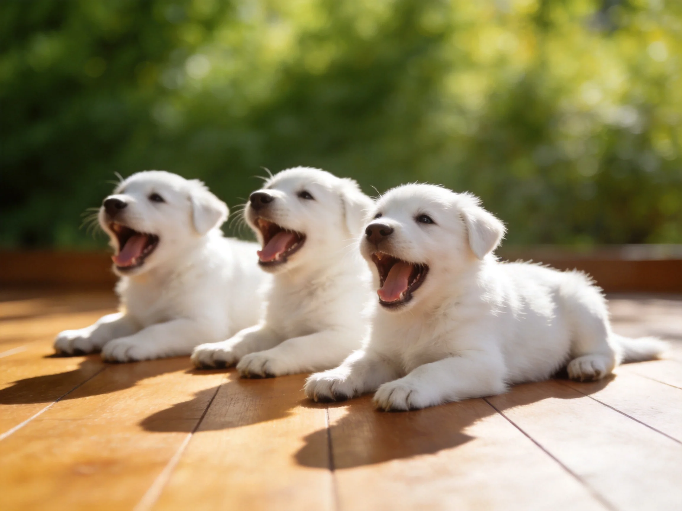 Three white puppies rest on a wooden deck with greenery