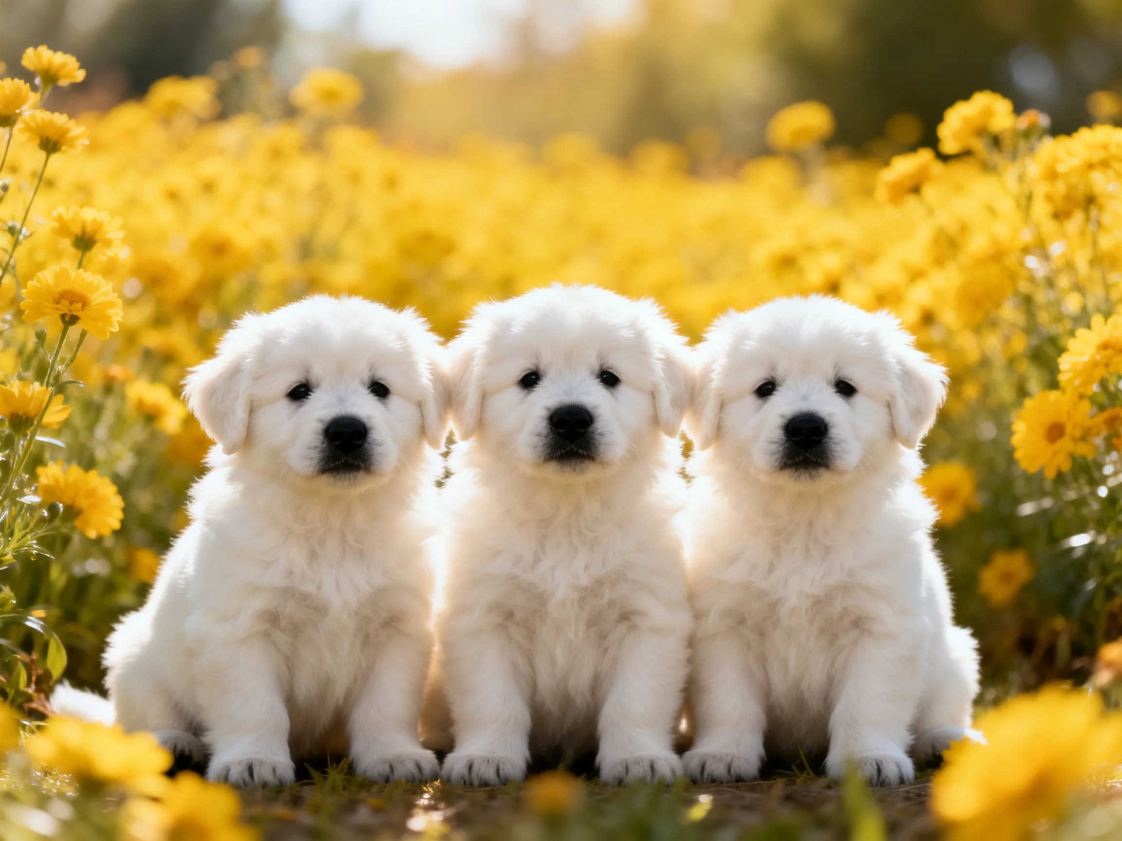 Three white puppies sit among yellow flower fields
