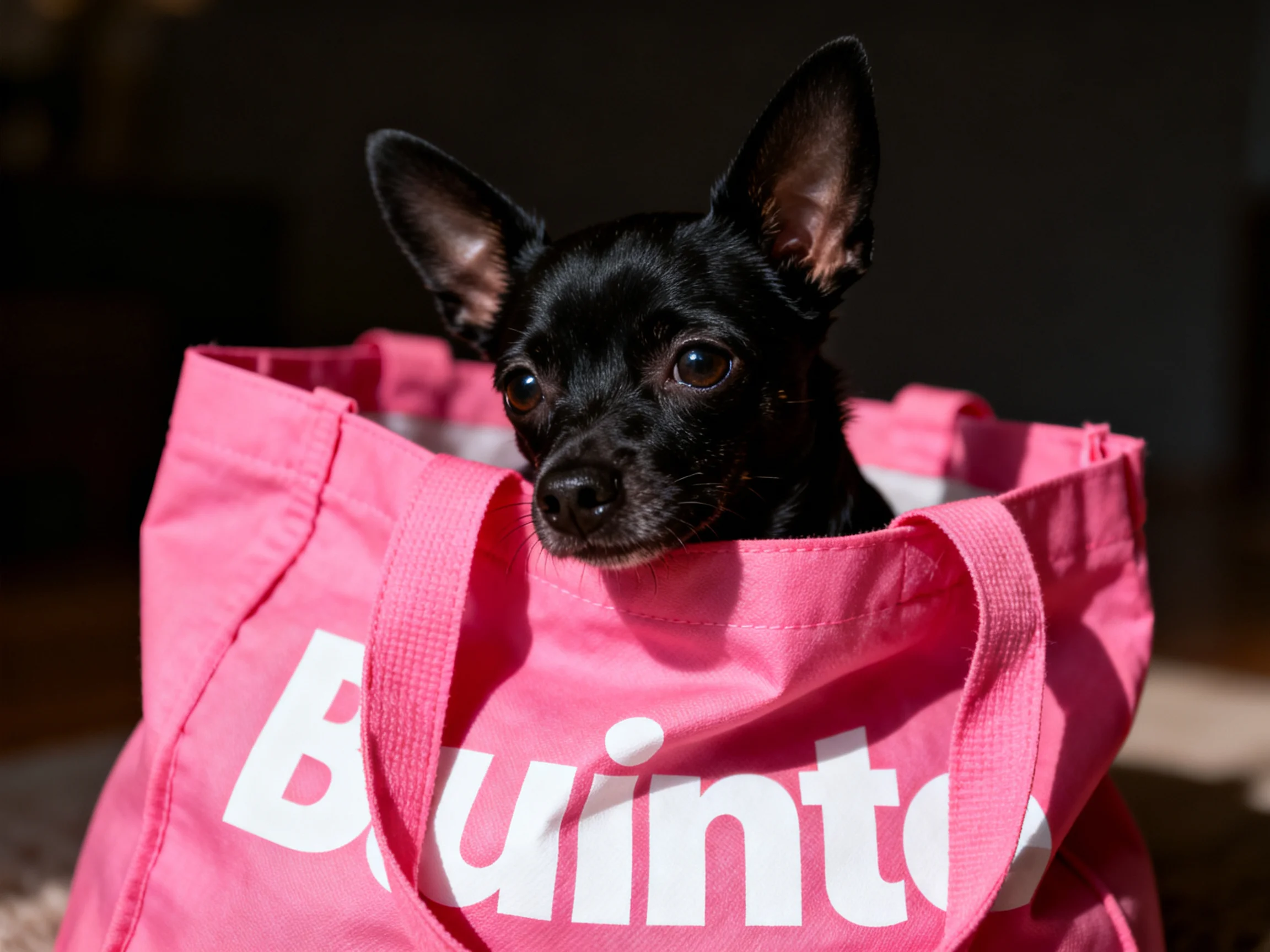 Tiny black dog peeks from bright pink Buinto bag
