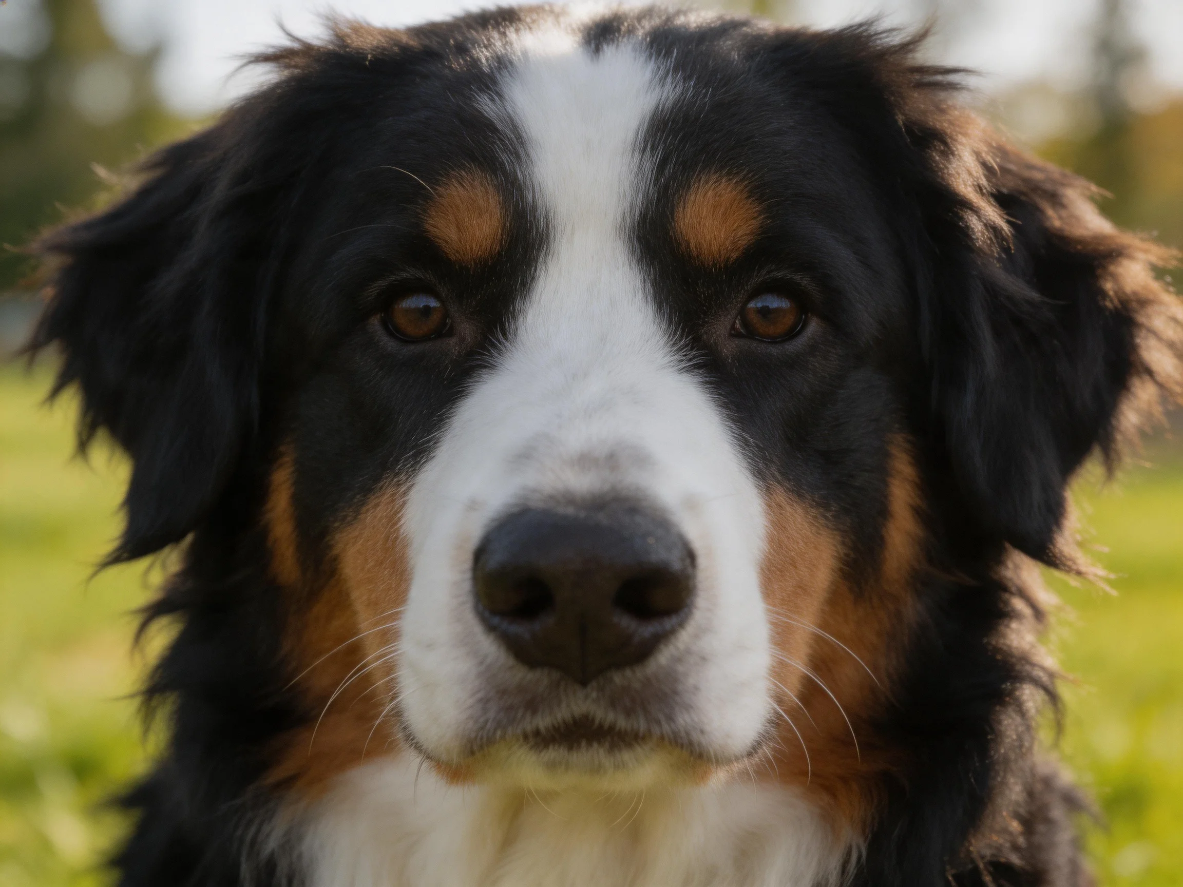 Tri - colored Bernese Mountain Dog close - up in natural light