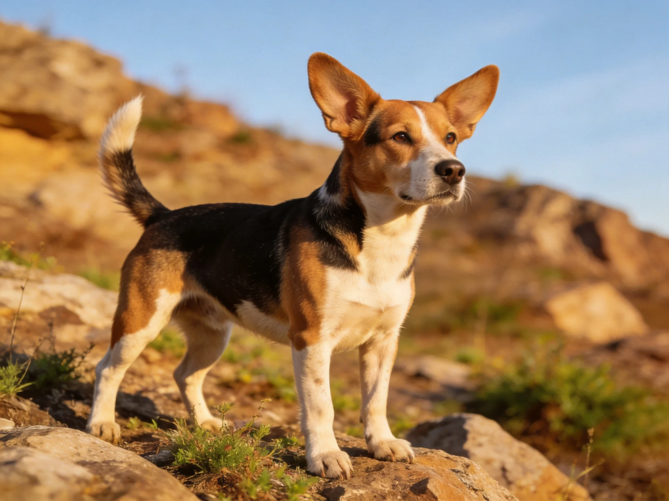 A tri-colored dog stands on rocky ground in an outdoor landscape.