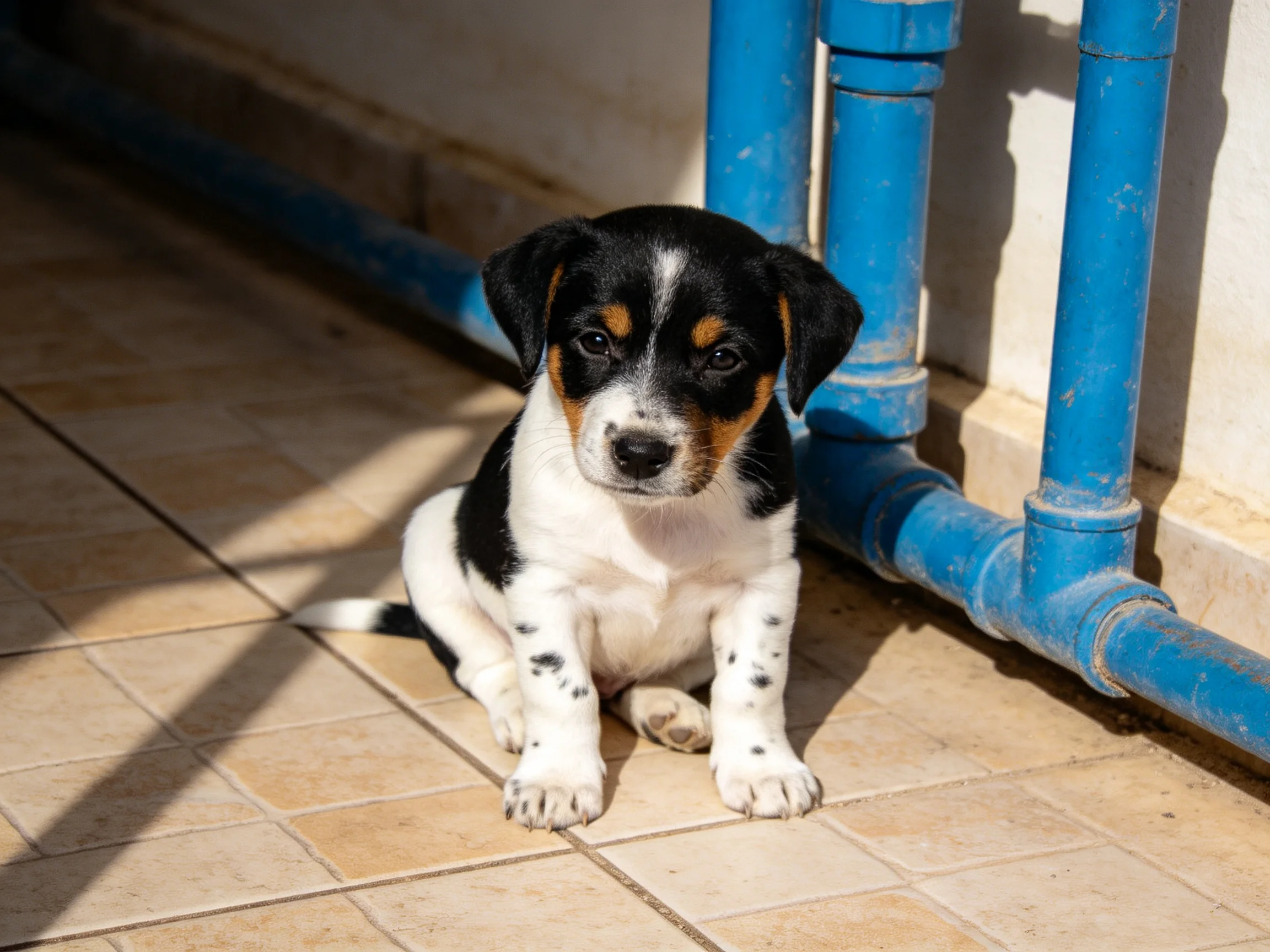 Tri-colored puppy sits beside bright blue pipes on a tiled surface.