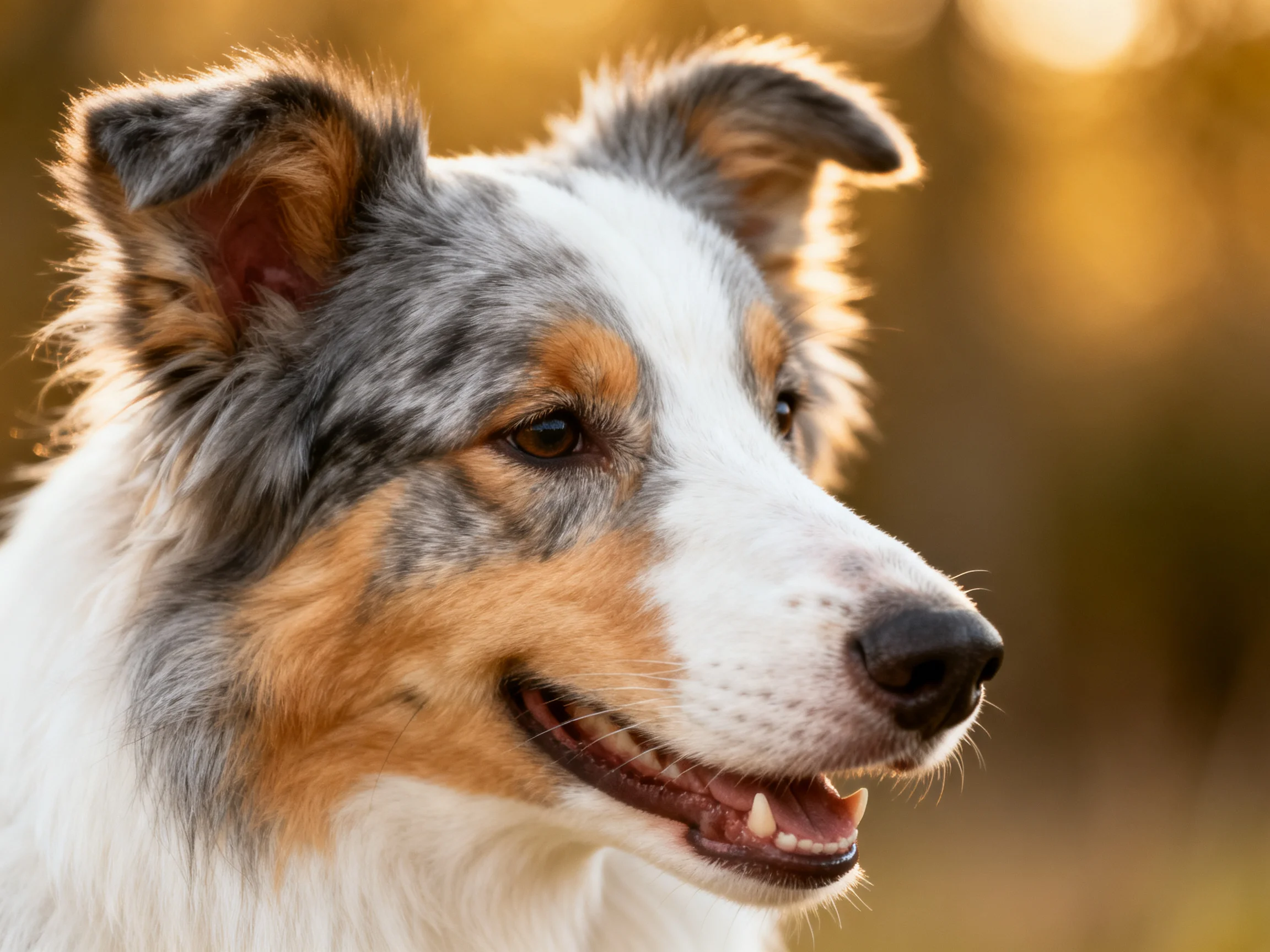 Tricolor - coated dog with upright ears in sunlit setting