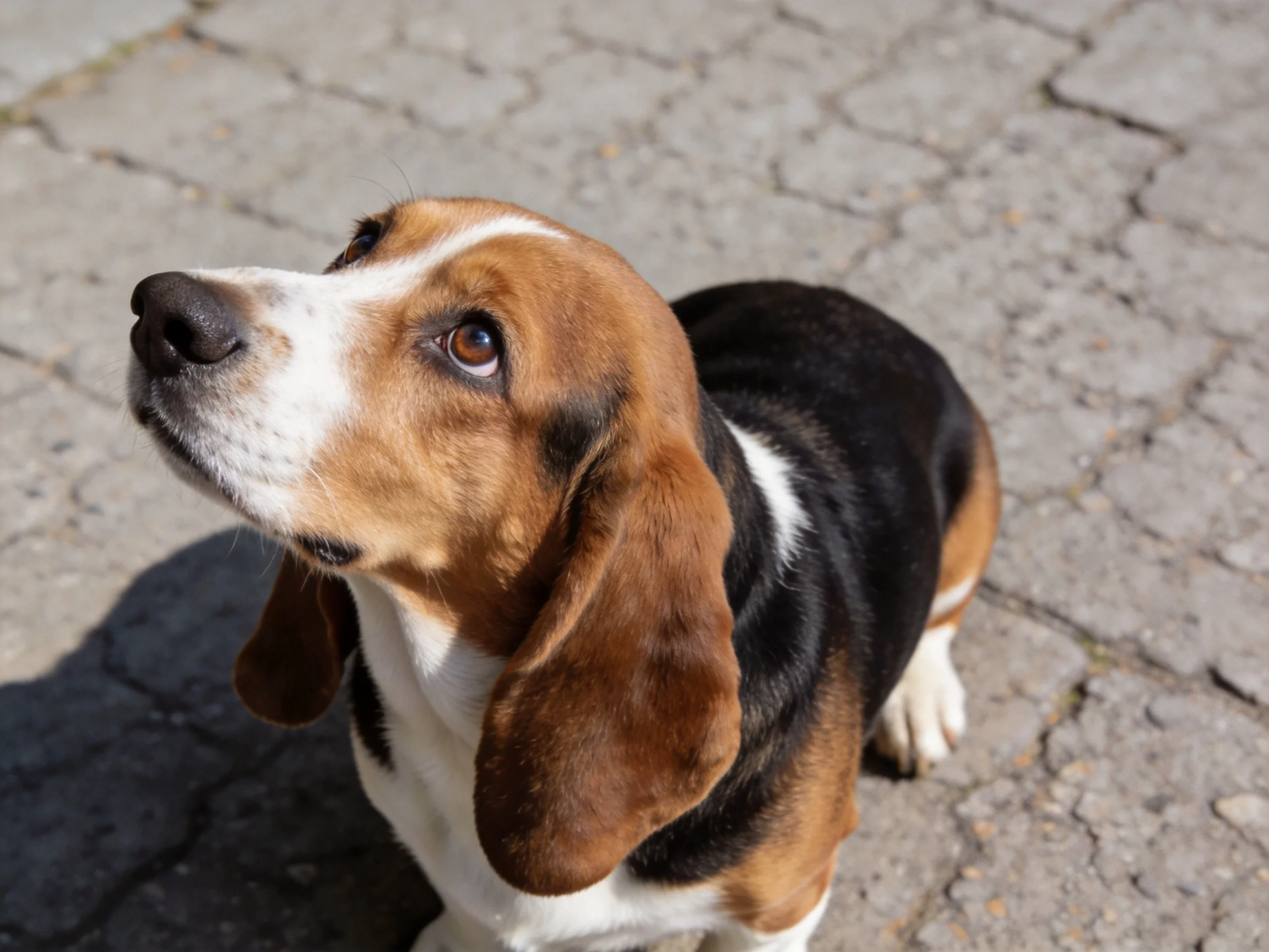 Tricolor Basset Hound Gazing Upward on Cracked Pavement