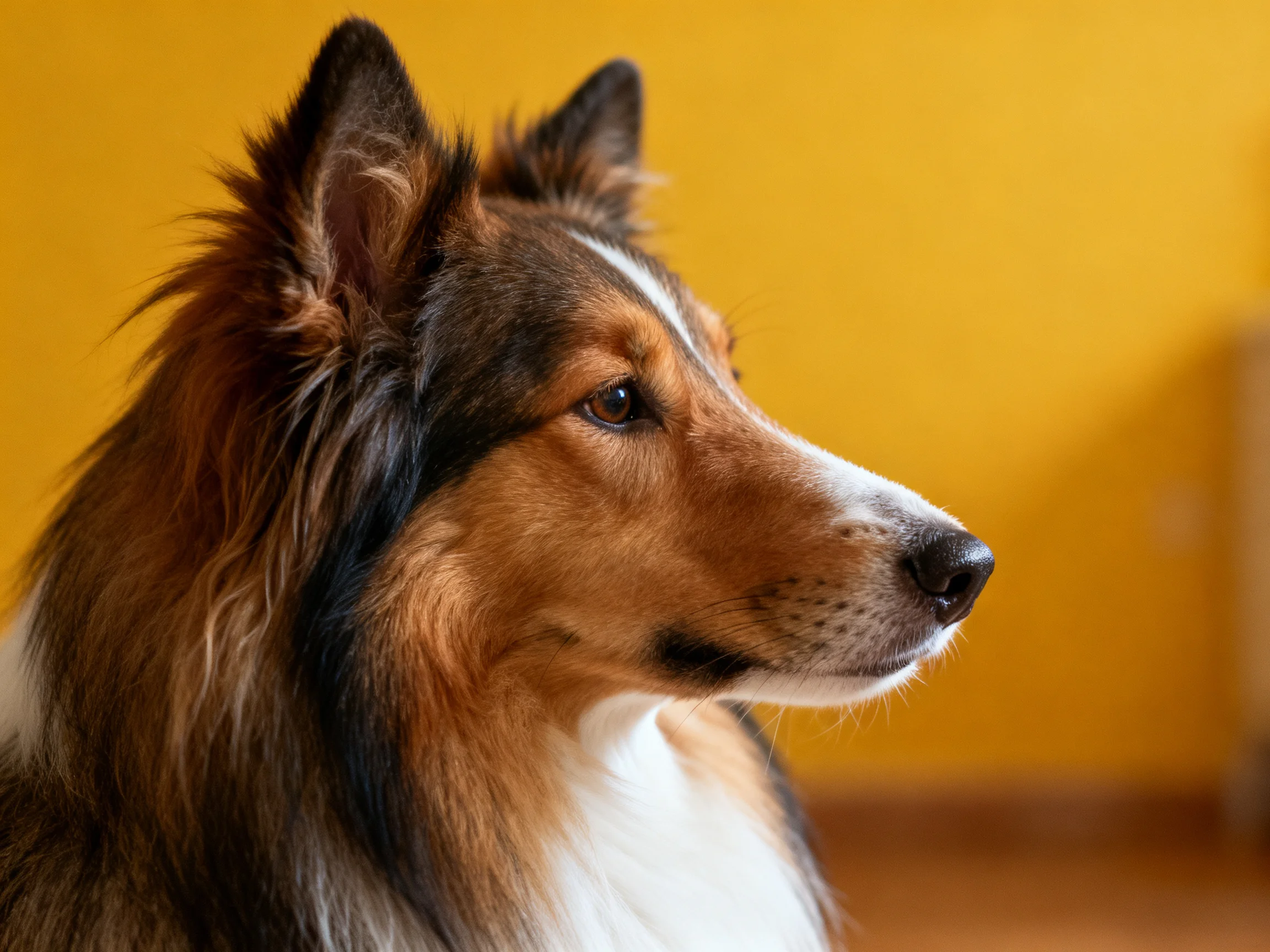 Tricolor Sheltie Dog with Brown, Black, White Fur Near Bright Yellow Wall