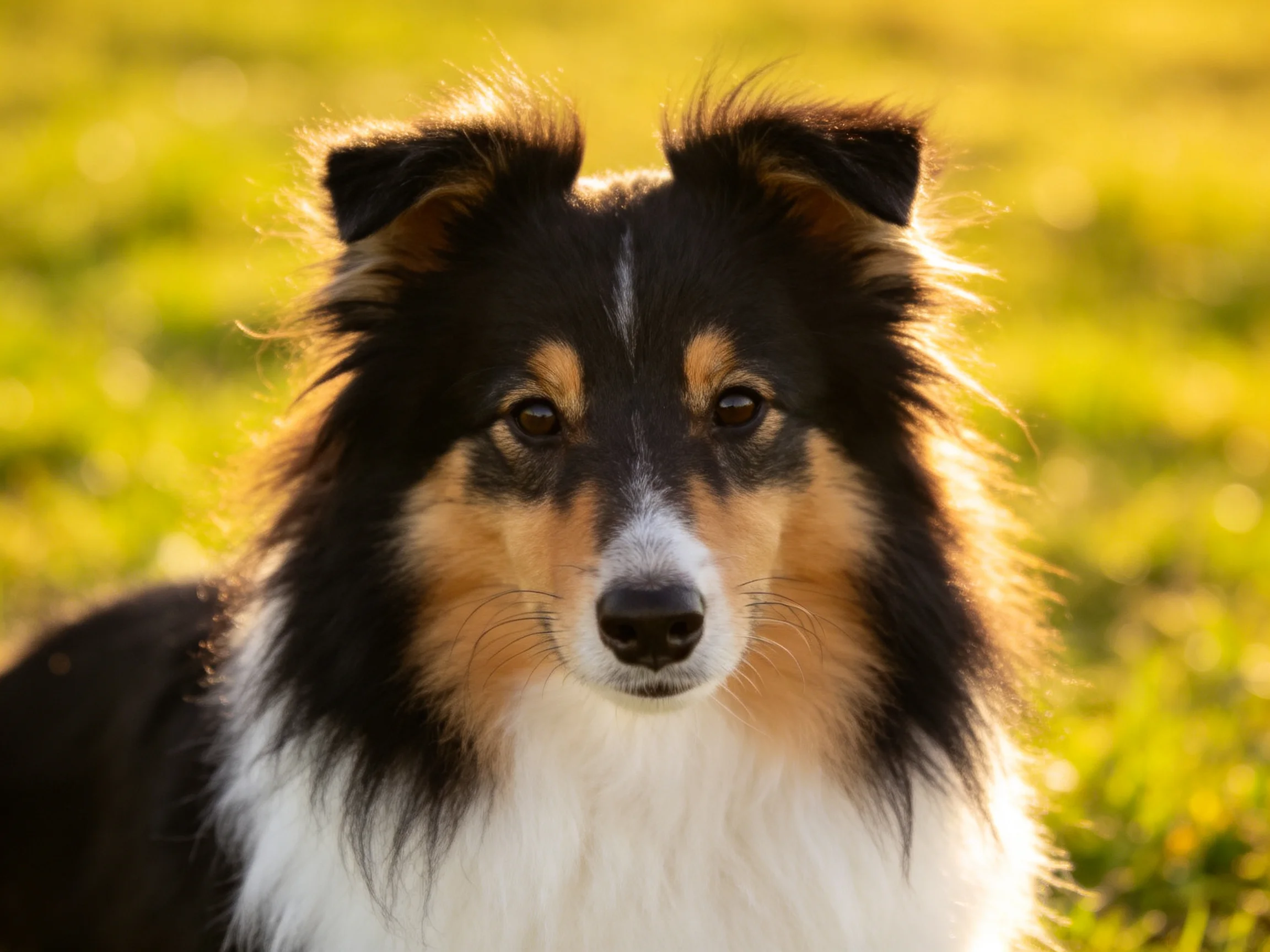 Tricolor Sheltie with long, fluffy fur in sunlit grassy field