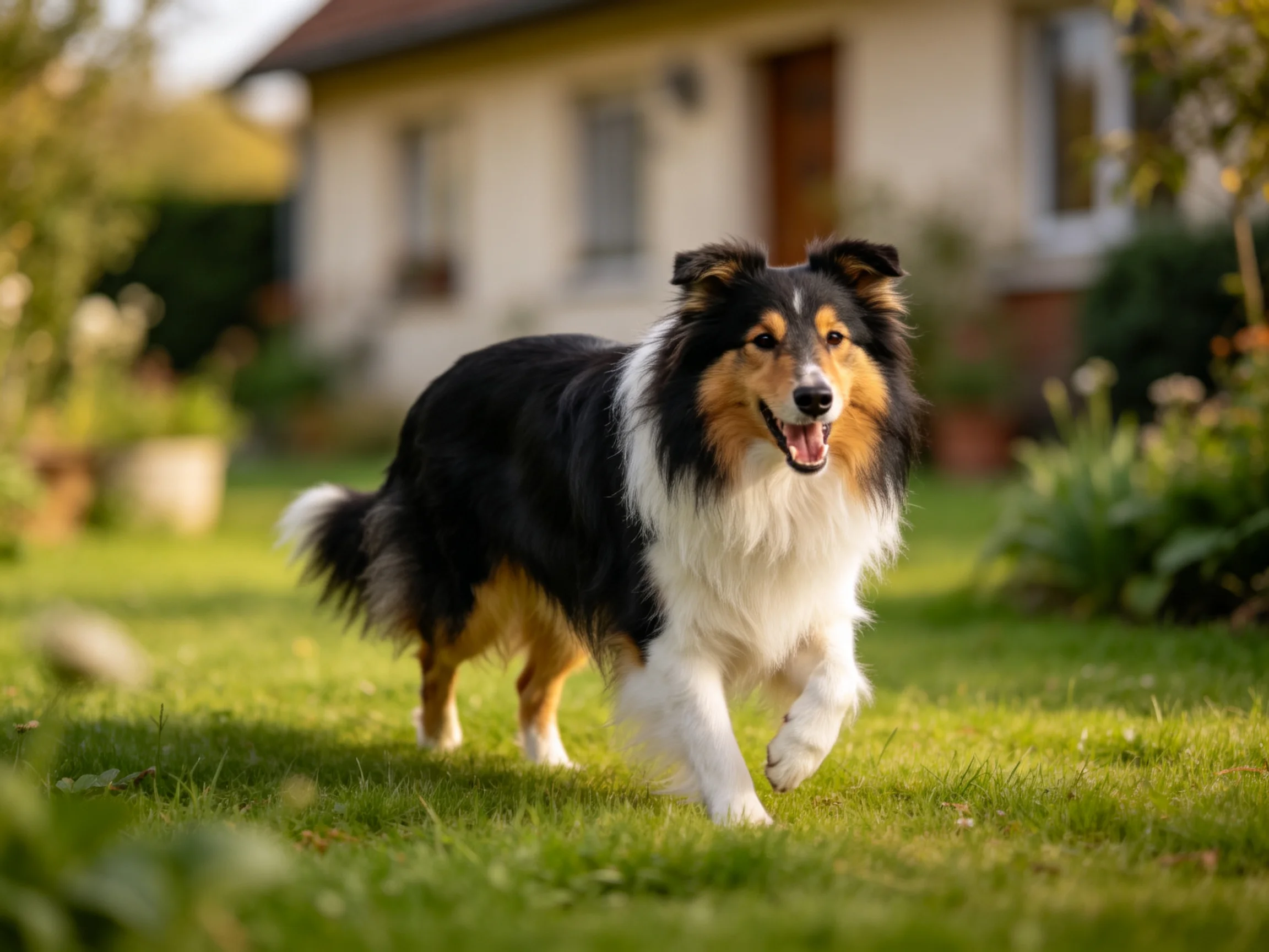 Tricolor Shetland Sheepdog runs in sunlit backyard near house