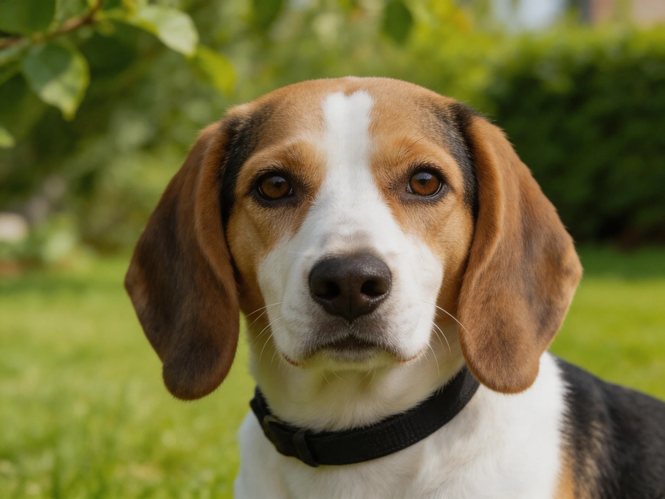 Tricolor beagle with large ears in a green outdoor garden
