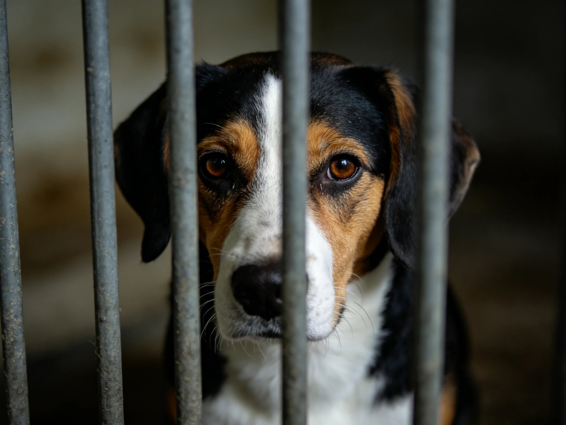 A tricolor dog gazes through metal bars, conveying a melancholic mood.
