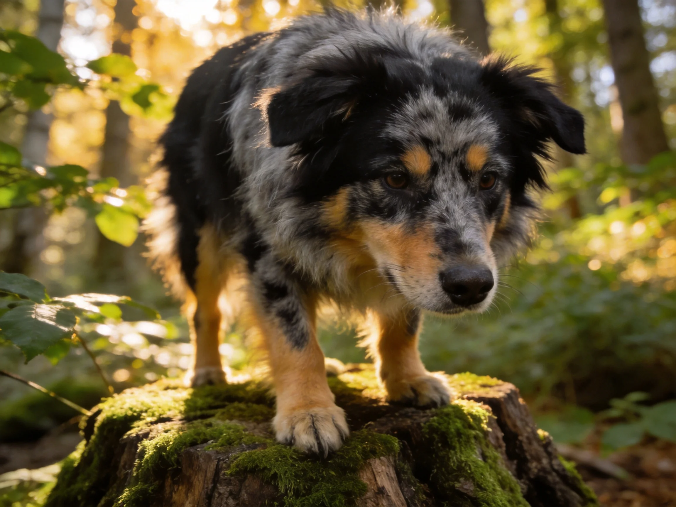 Tricolor dog on moss-covered tree stump in sunlit forest