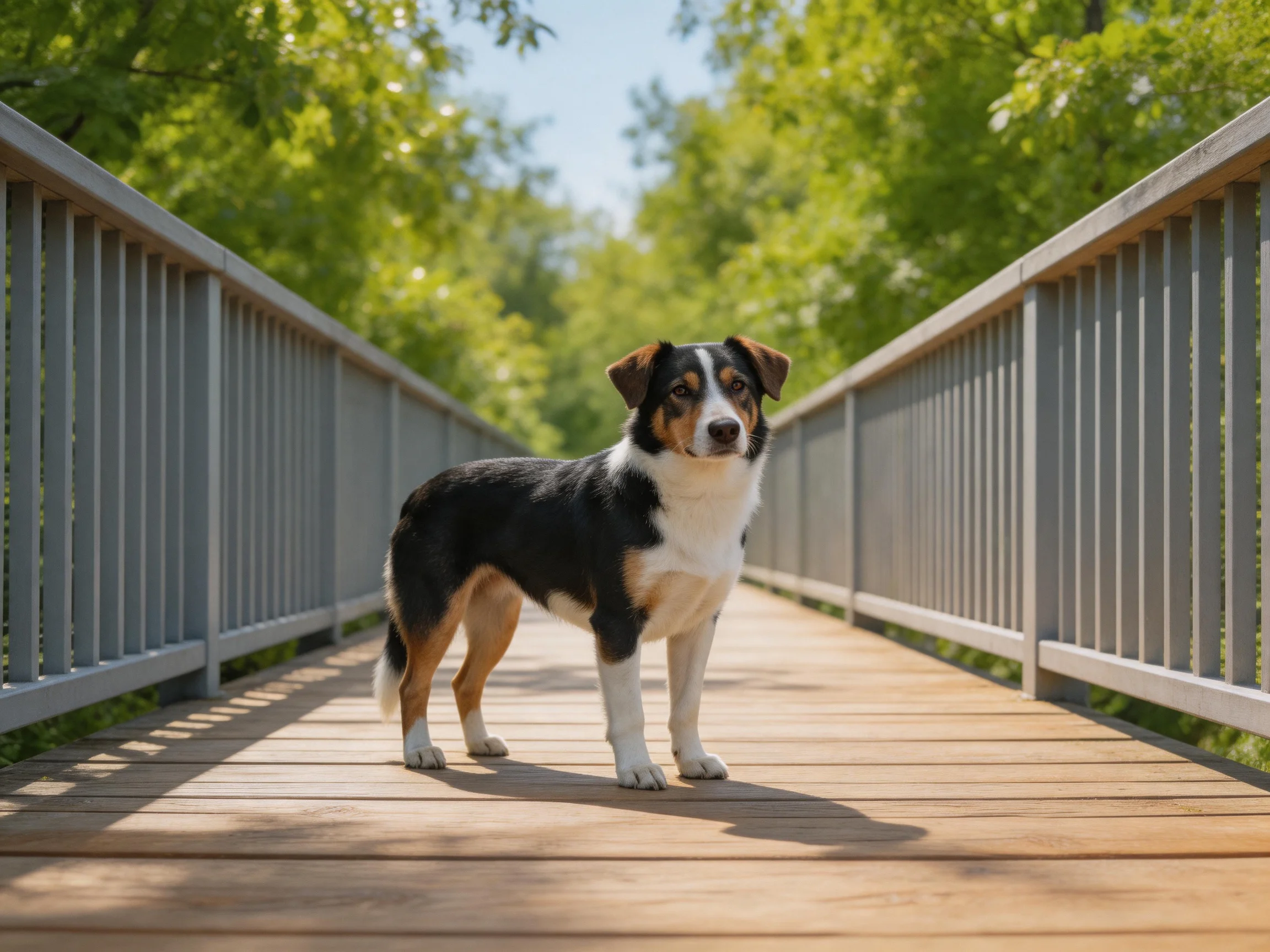A tricolor dog stands on a wooden bridge in a sunlit area with green surroundings.
