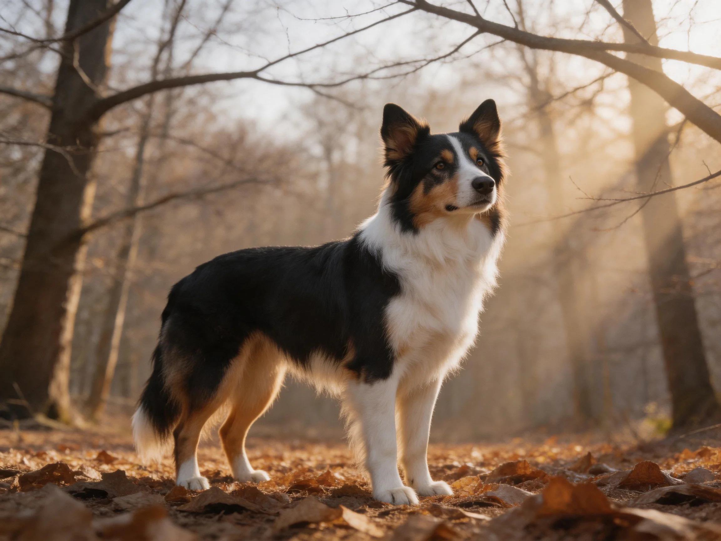 A tricolor dog stands alert in a sunlit forest with fallen leaves.