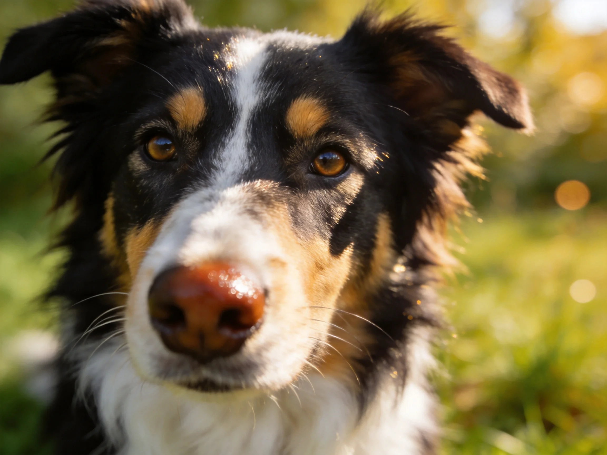 A tricolor dog gazes directly at the camera in a sunlit outdoor area.