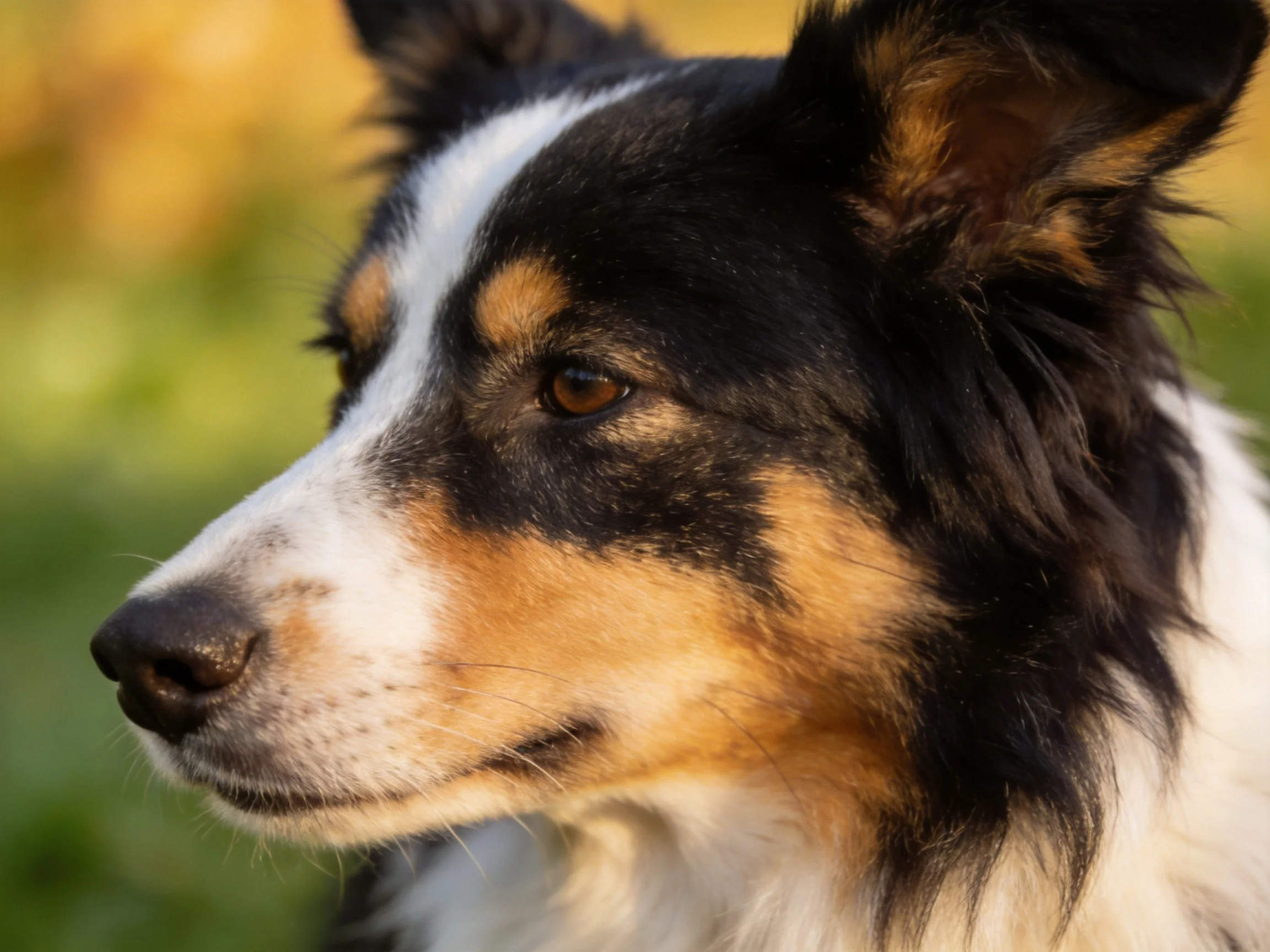 Close-up of a tricolor dog with black, white, and tan fur outside.