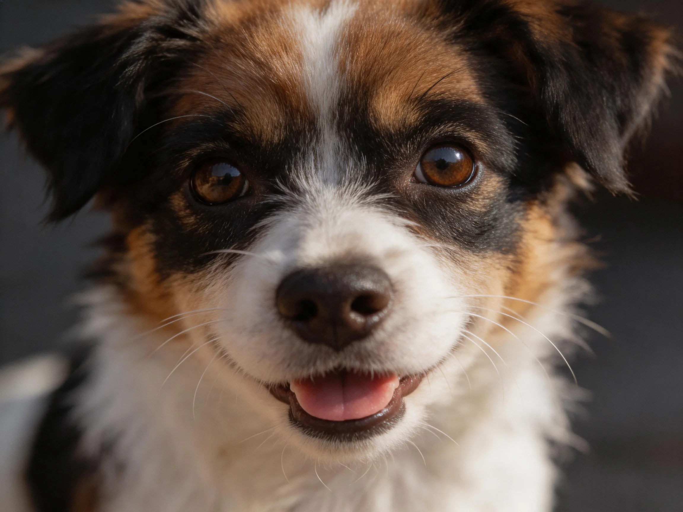 A tricolored puppy smiles cheerfully with a blurred background.