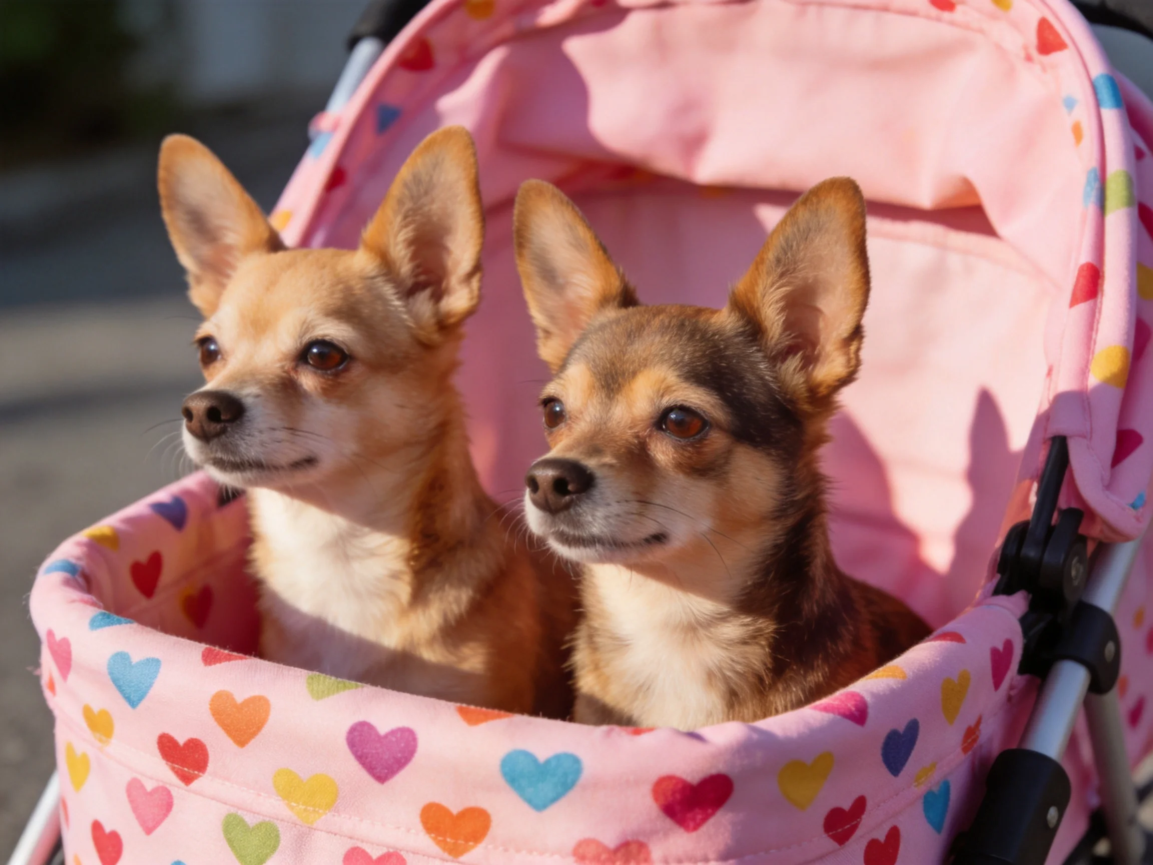 Two Chihuahuas sit in a pink stroller decorated with colorful hearts