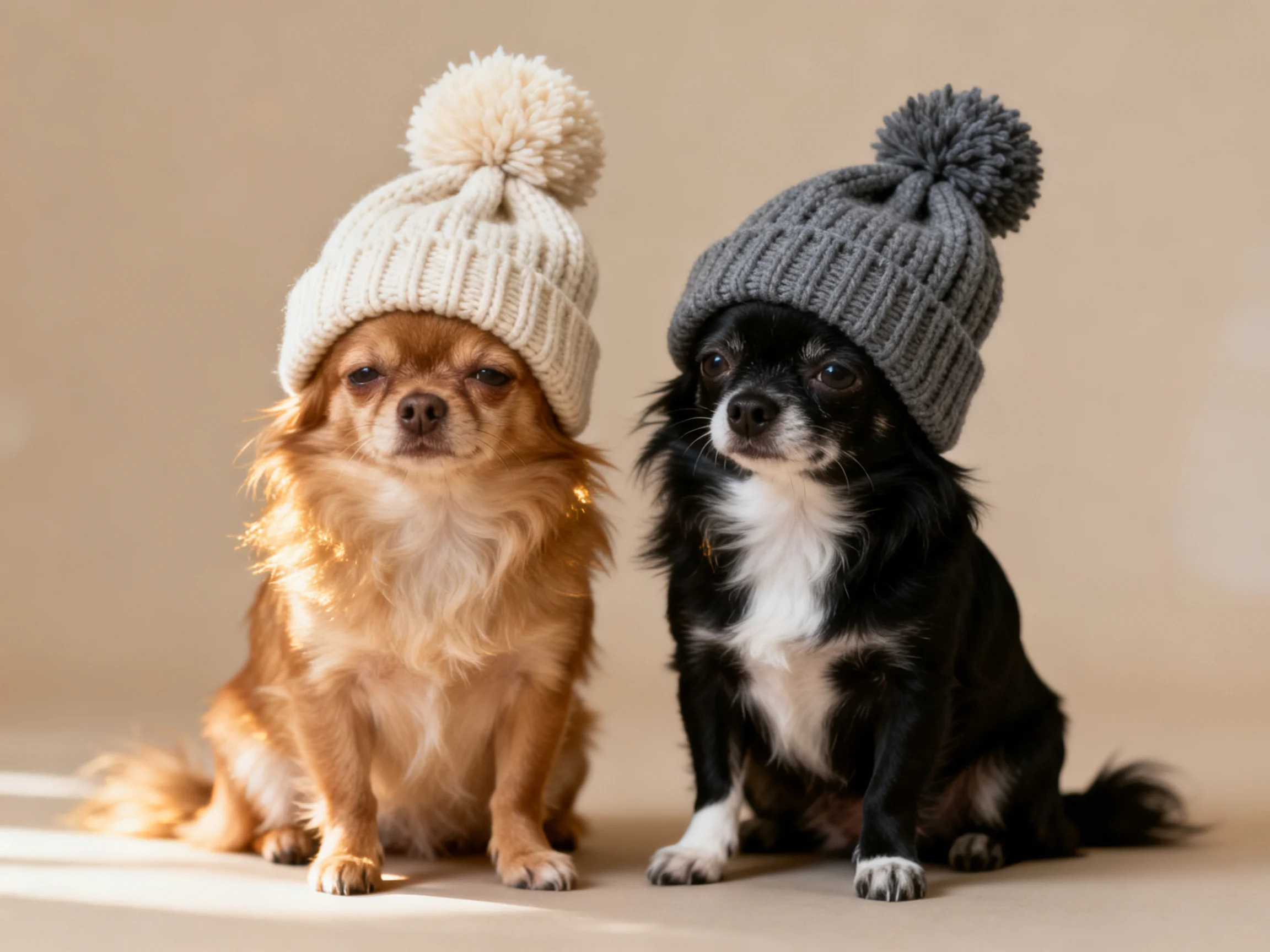 Two Chihuahuas wear cream and gray pom - pom knit hats