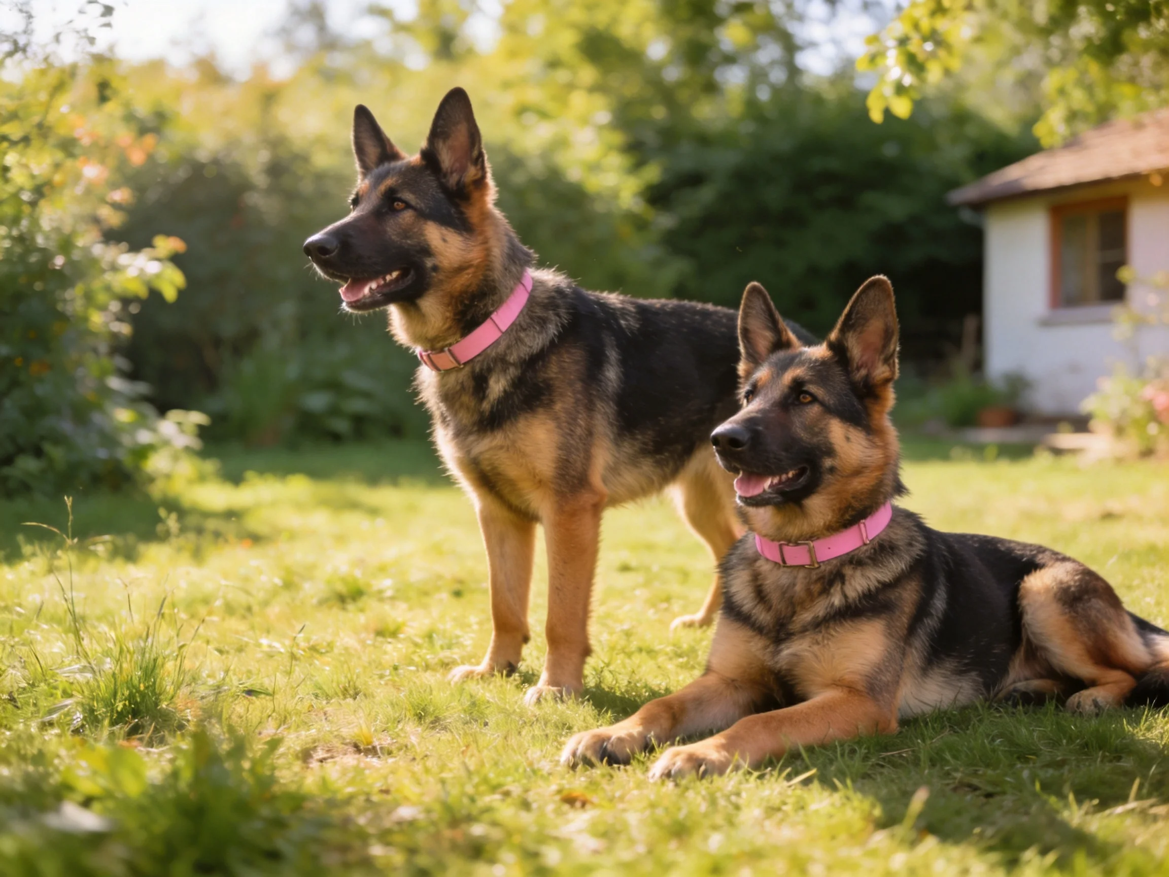 Two German Shepherd dogs with pink collars relax in a sunny garden.