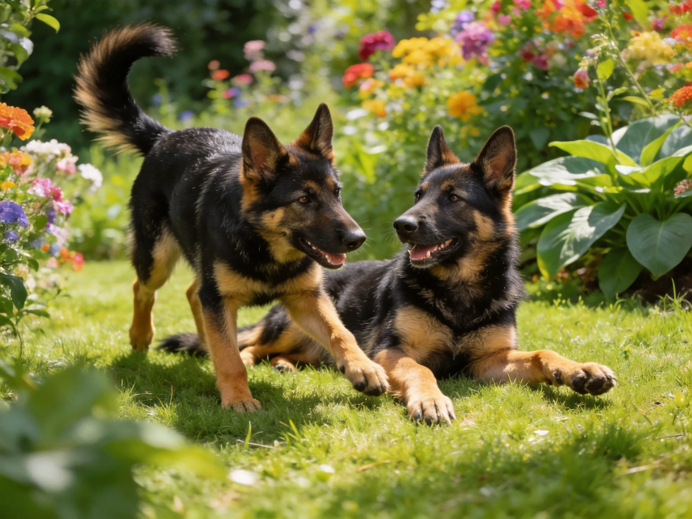 Two German Shepherds interact near colorful flower beds on lush grass