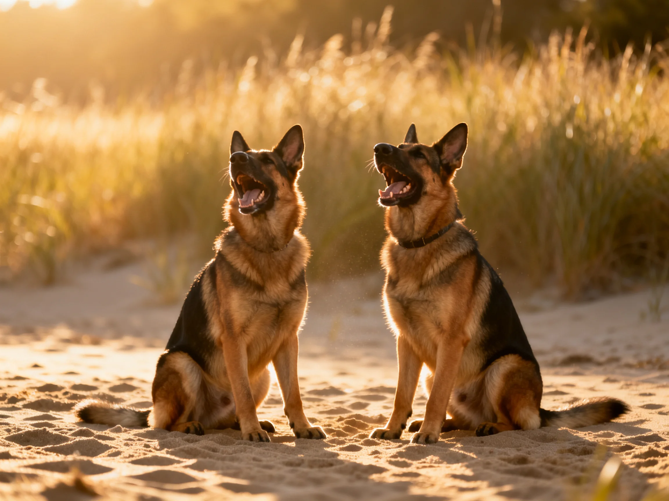 Two German Shepherds sit on a sandy beach near golden grasses under warm light