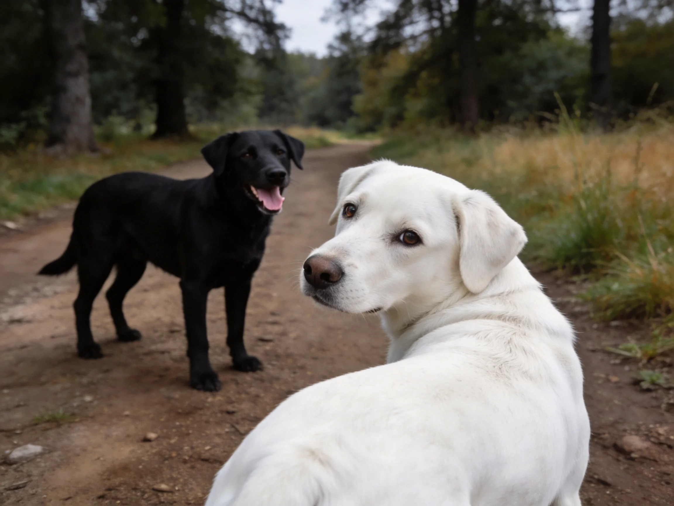 Two Labradors, one black and one white, on a forest dirt path