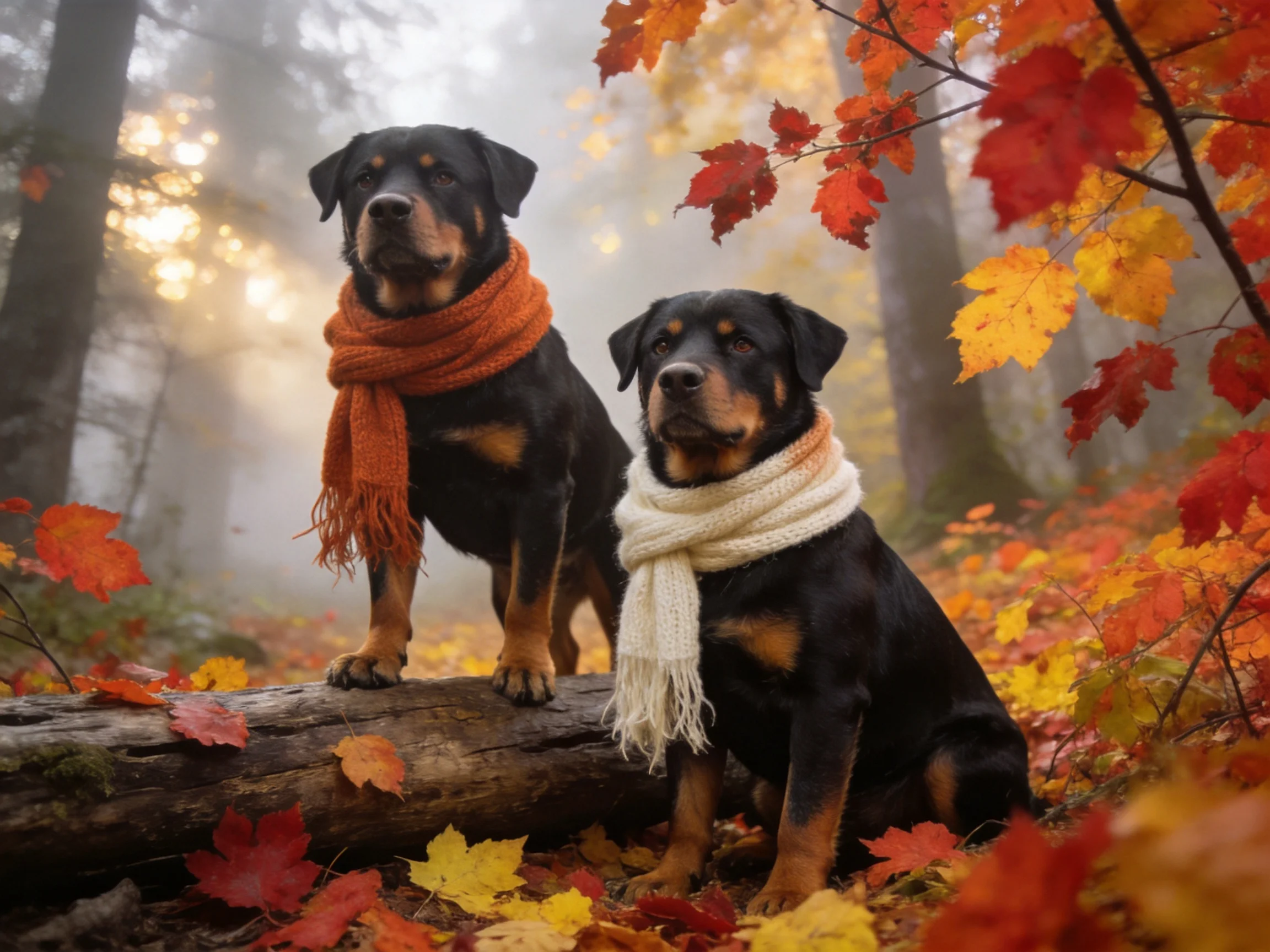 Two Rottweiler dogs wear scarves in an autumn forest.