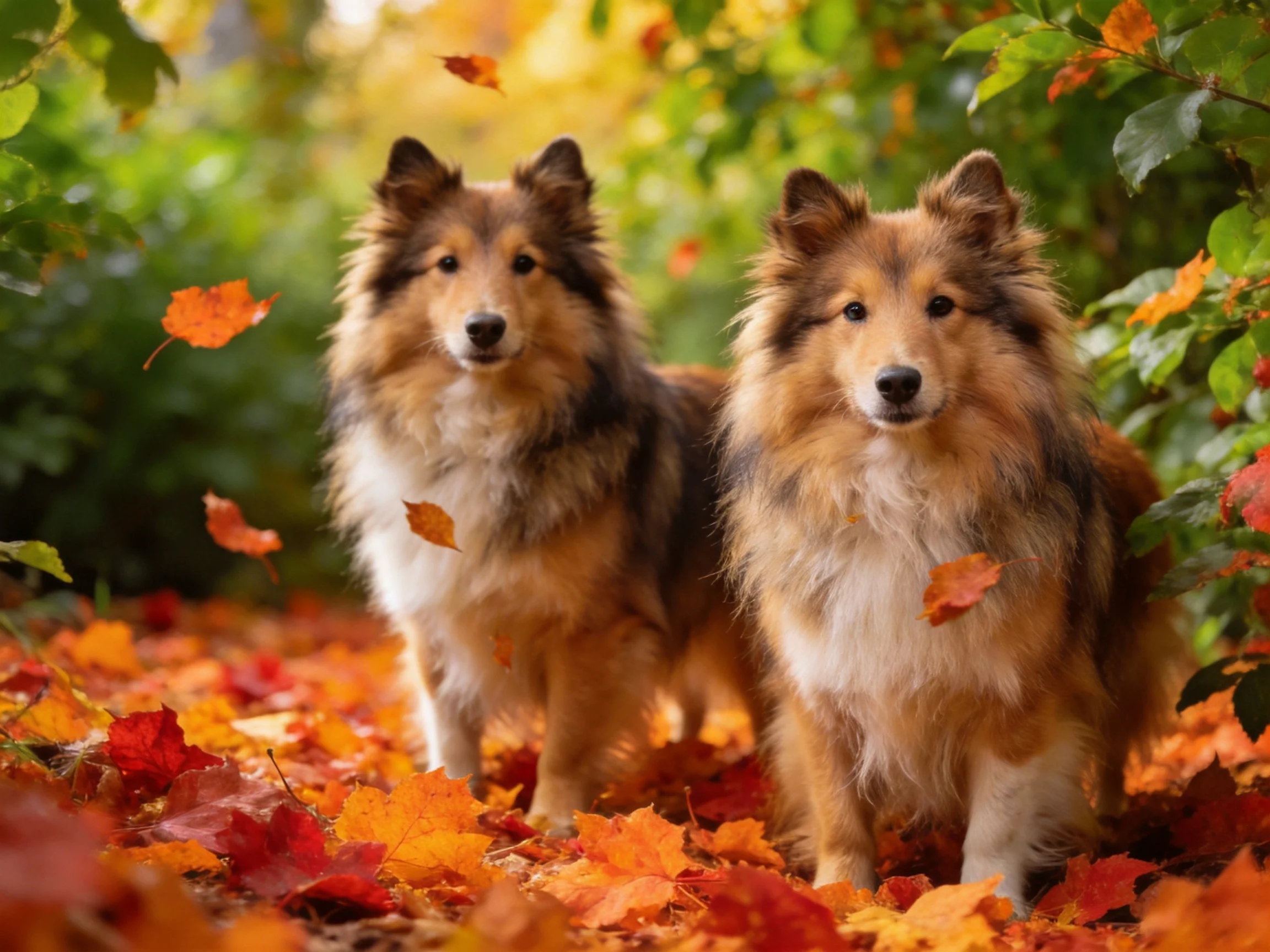 Two Sheltie dogs are surrounded by autumn leaves and greenery in a sunlit setting.