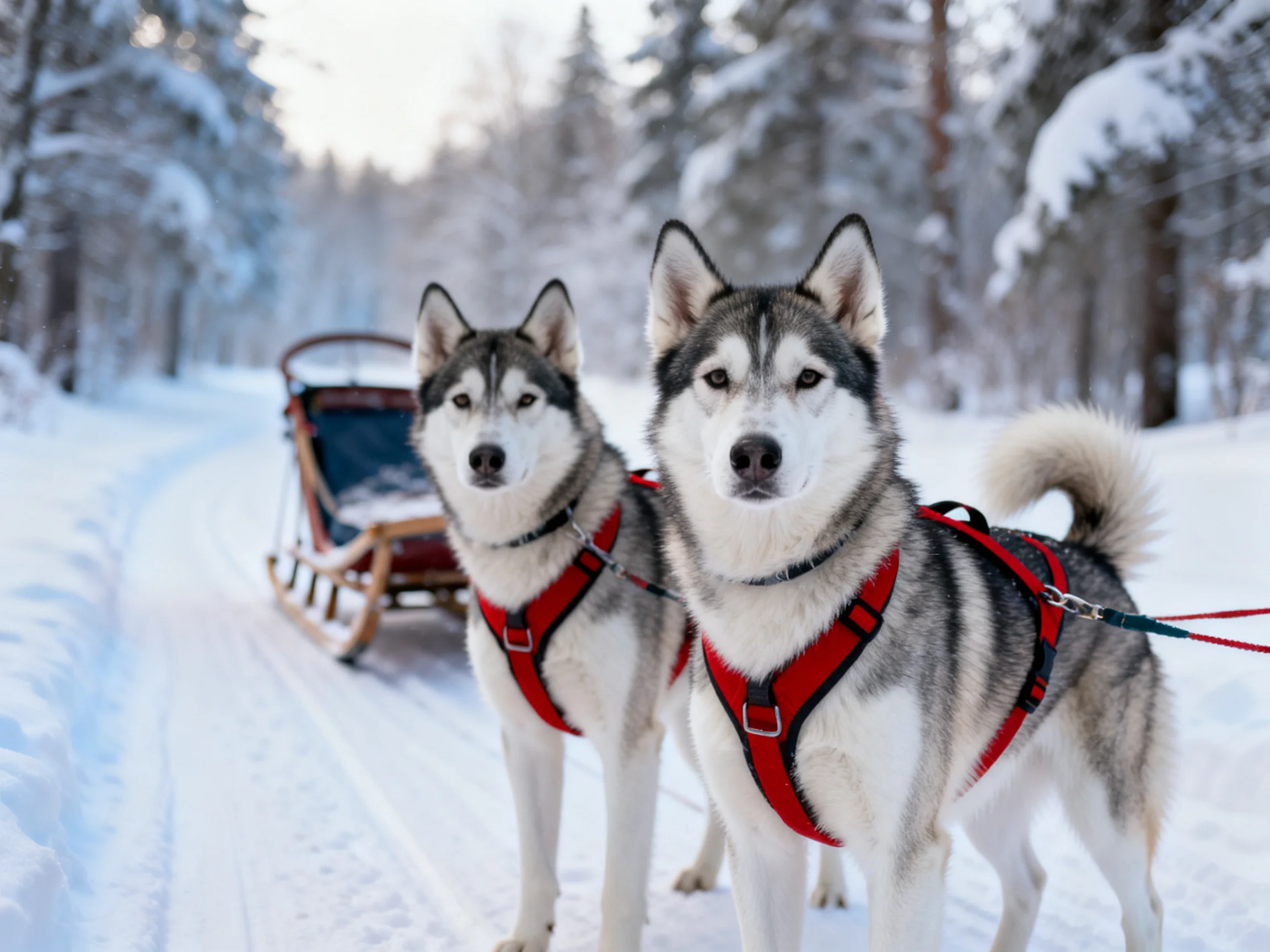 Two Siberian Huskies in Red Harnesses by a Sleigh in Snowy Woods
