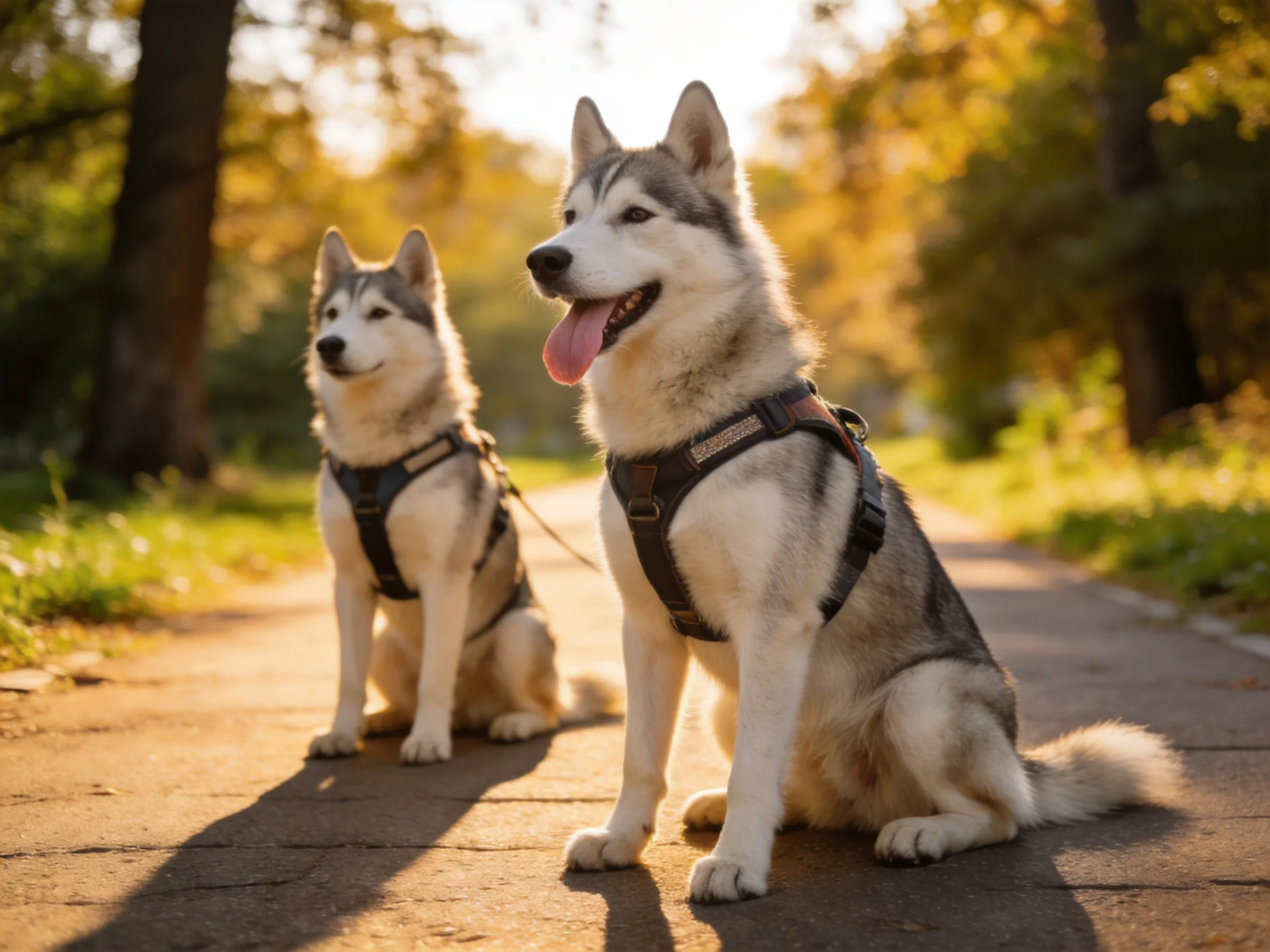 Two Siberian Huskies sit calmly on a sunlit park path wearing harnesses