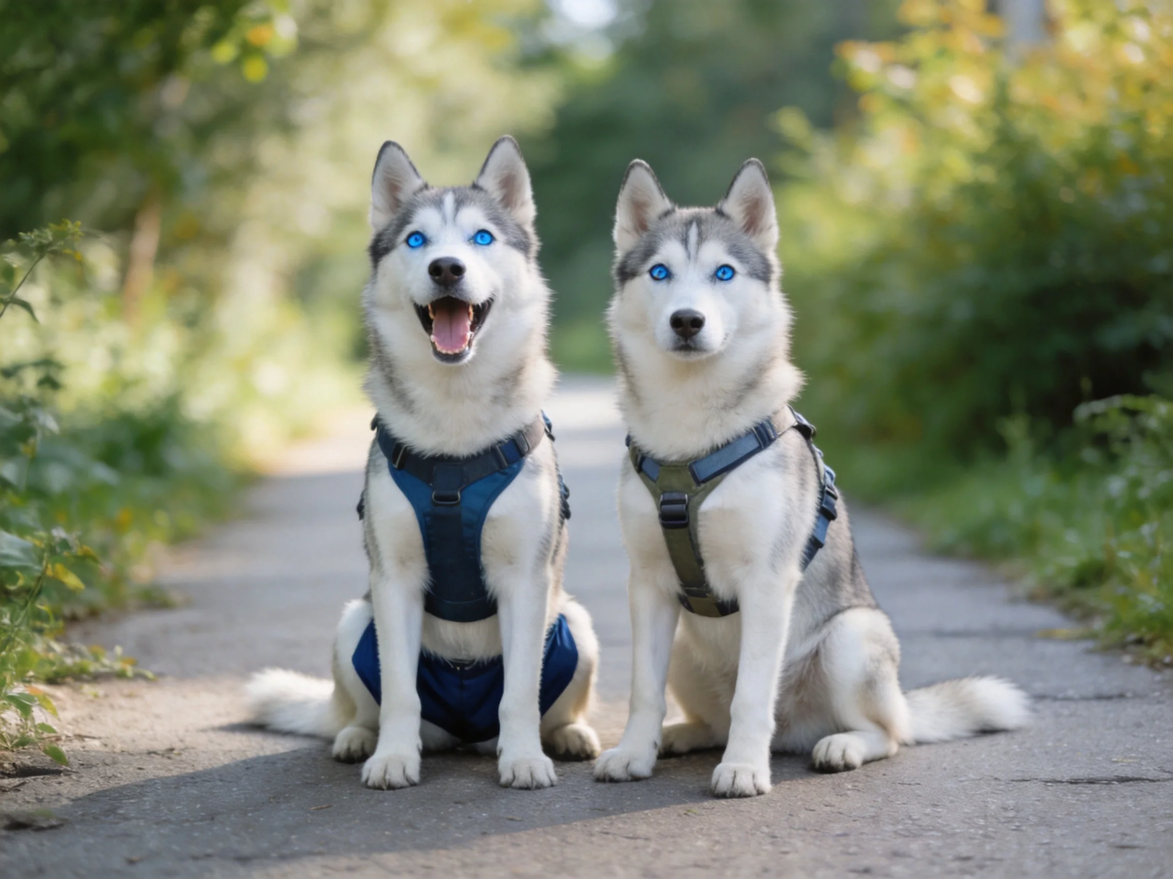 Two Siberian Huskies with blue eyes sit on a forest path wearing harnesses