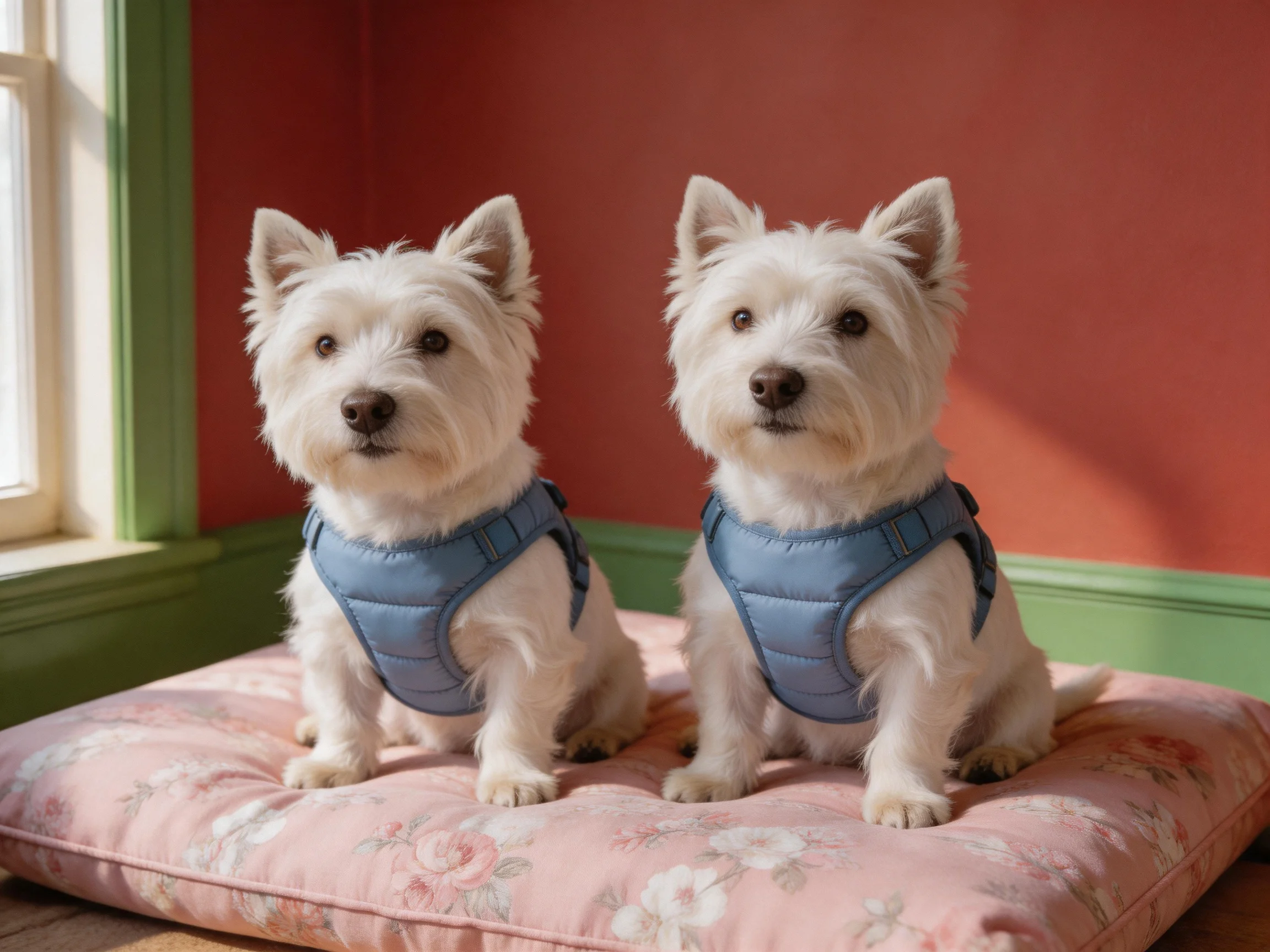Two West Highland White Terriers wear blue vests on a floral cushion near a red wall